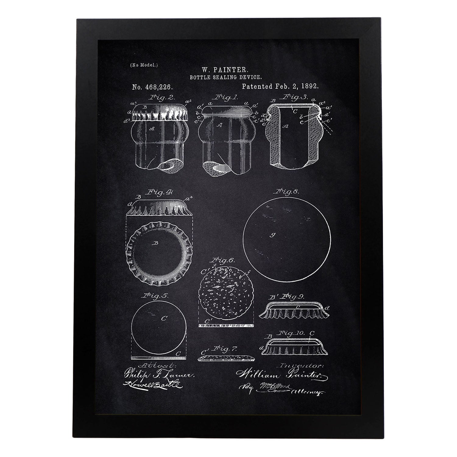 Poster con patente de Dispositivo de sellado de botellas. Lámina con diseño de patente antigua-Artwork-Nacnic-A4-Marco Negro-Nacnic Estudio SL