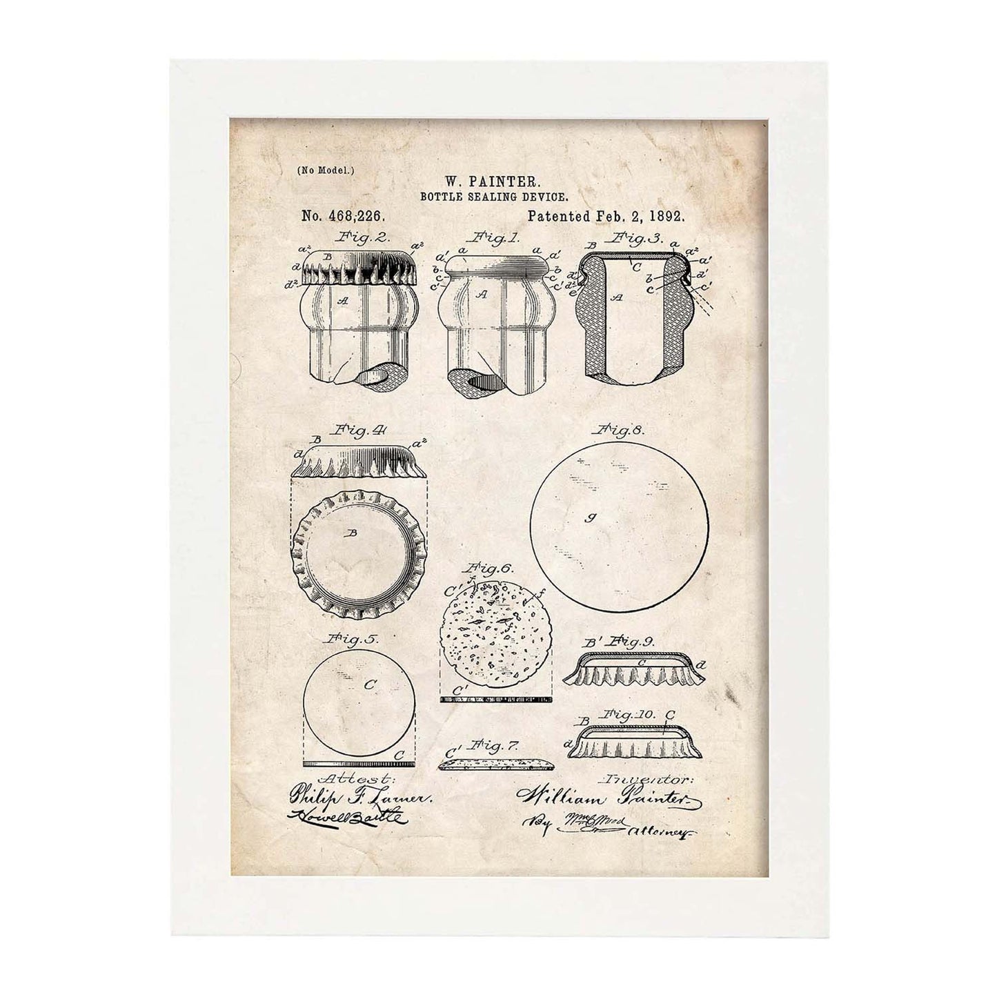 Poster con patente de Dispositivo de sellado de botellas. Lámina con diseño de patente antigua.-Artwork-Nacnic-A3-Marco Blanco-Nacnic Estudio SL