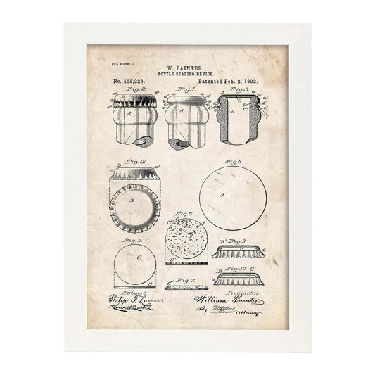 Poster con patente de Dispositivo de sellado de botellas. Lámina con diseño de patente antigua.-Artwork-Nacnic-A4-Marco Blanco-Nacnic Estudio SL
