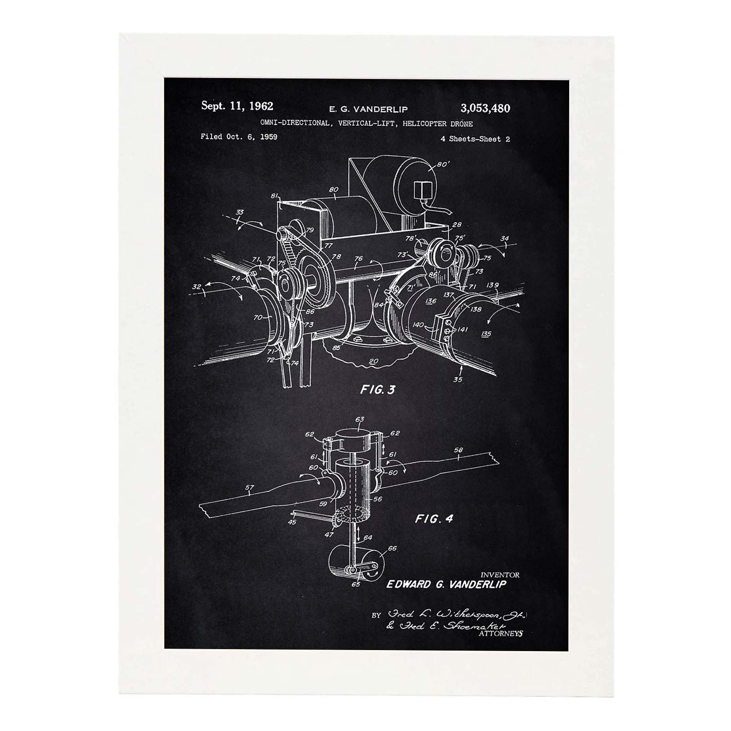 Poster con patente de Dron helicoptero 2. Lámina con diseño de patente antigua-Artwork-Nacnic-A3-Marco Blanco-Nacnic Estudio SL