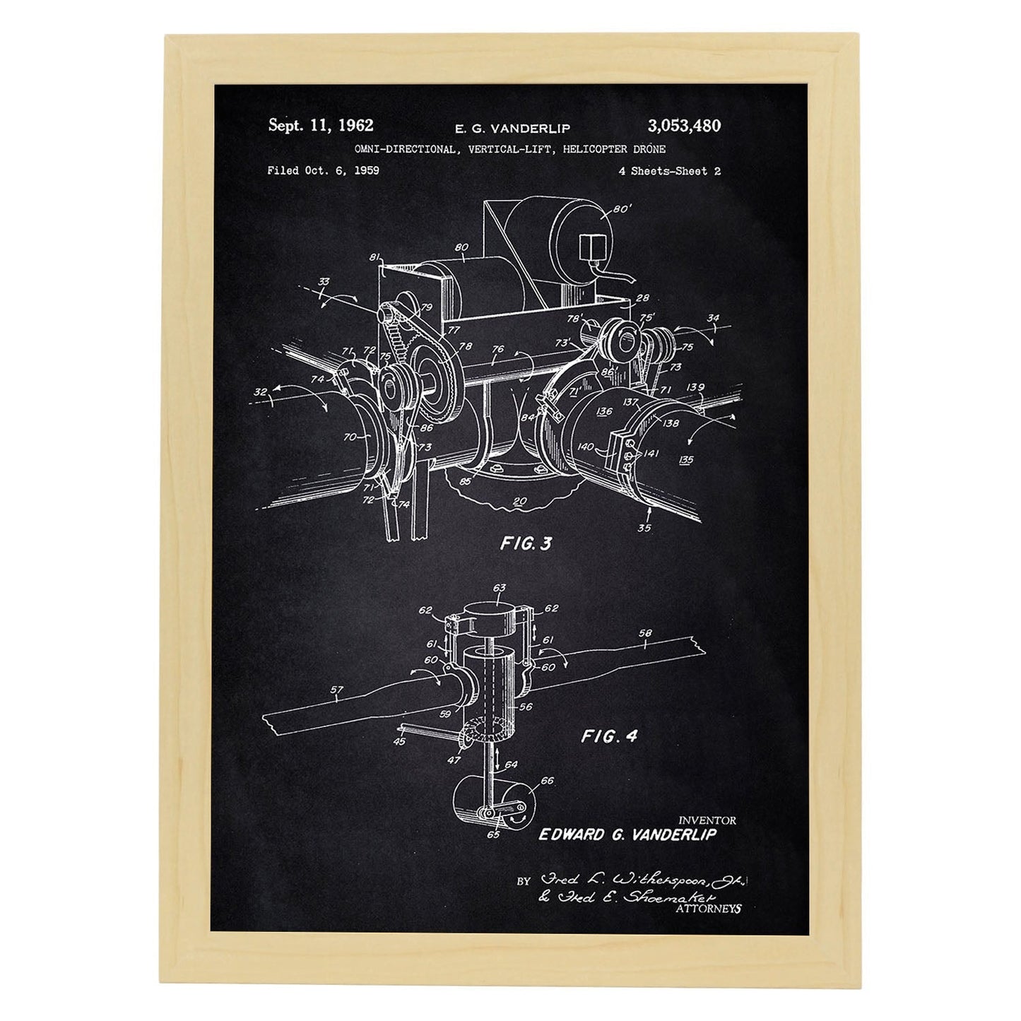 Poster con patente de Dron helicoptero 2. Lámina con diseño de patente antigua-Artwork-Nacnic-A3-Marco Madera clara-Nacnic Estudio SL