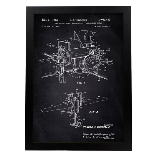 Poster con patente de Dron helicoptero 2. Lámina con diseño de patente antigua-Artwork-Nacnic-A4-Marco Negro-Nacnic Estudio SL