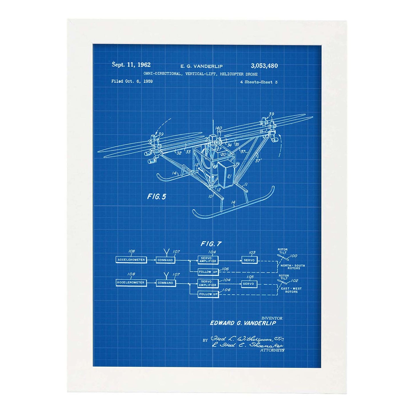 Poster con patente de Dron helicoptero 3. Lámina con diseño de patente antigua-Artwork-Nacnic-A3-Marco Blanco-Nacnic Estudio SL