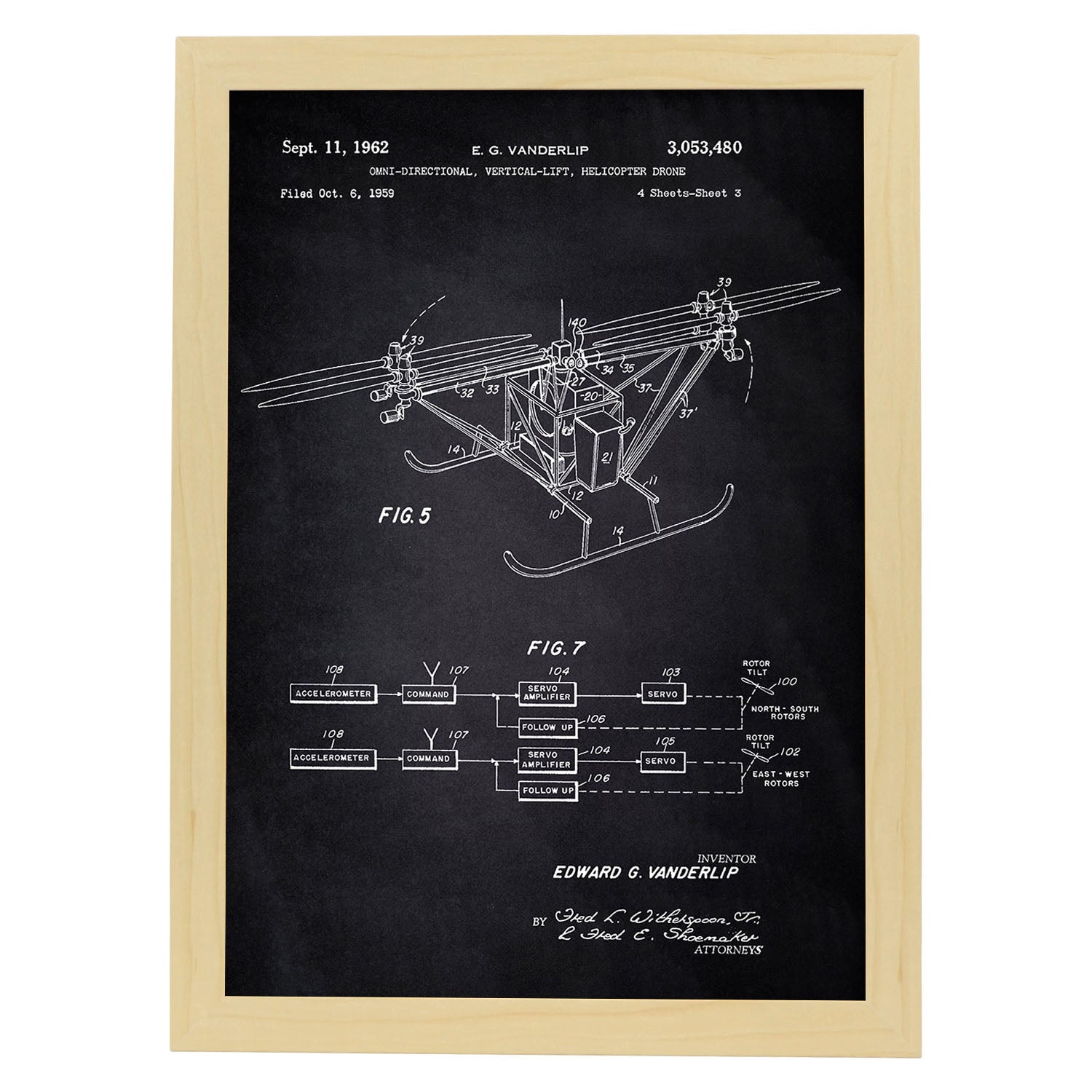 Poster con patente de Dron helicoptero 3. Lámina con diseño de patente antigua-Artwork-Nacnic-A3-Marco Madera clara-Nacnic Estudio SL