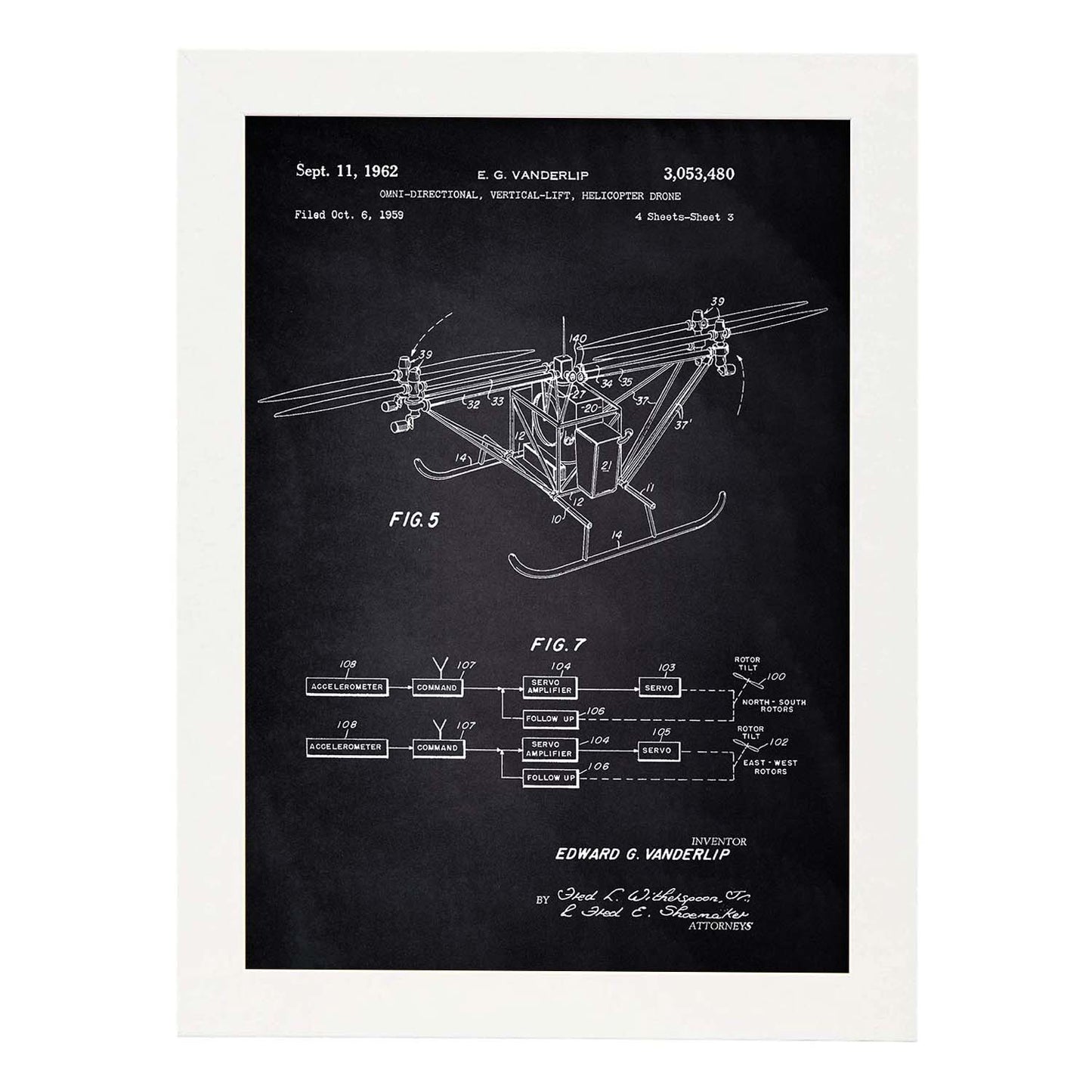 Poster con patente de Dron helicoptero 3. Lámina con diseño de patente antigua-Artwork-Nacnic-A4-Marco Blanco-Nacnic Estudio SL