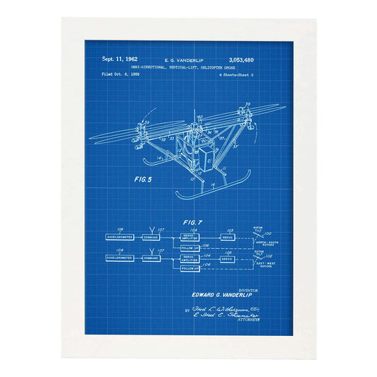 Poster con patente de Dron helicoptero 3. Lámina con diseño de patente antigua-Artwork-Nacnic-A4-Marco Blanco-Nacnic Estudio SL