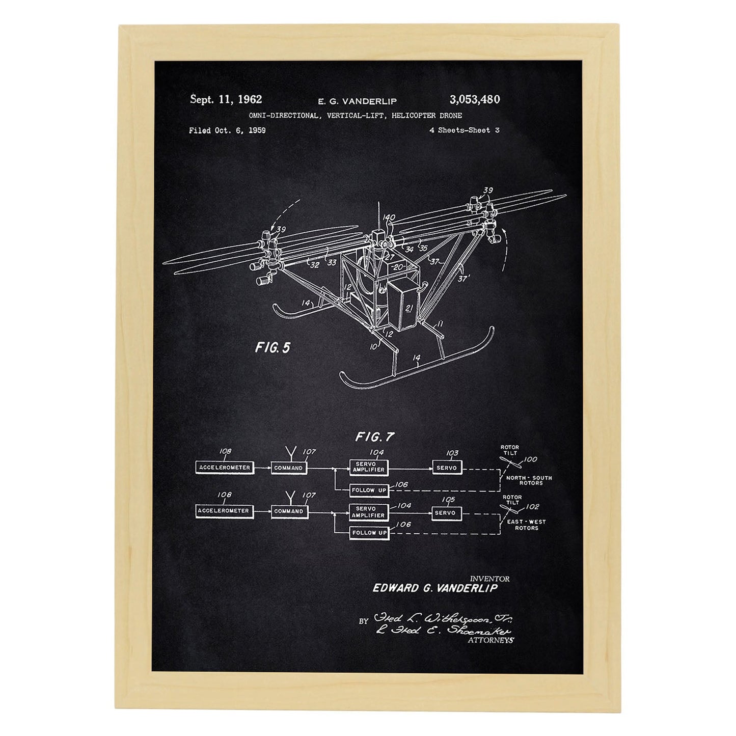 Poster con patente de Dron helicoptero 3. Lámina con diseño de patente antigua-Artwork-Nacnic-A4-Marco Madera clara-Nacnic Estudio SL