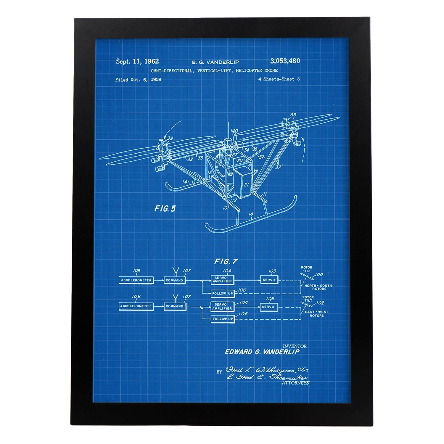 Poster con patente de Dron helicoptero 3. Lámina con diseño de patente antigua-Artwork-Nacnic-A4-Marco Negro-Nacnic Estudio SL