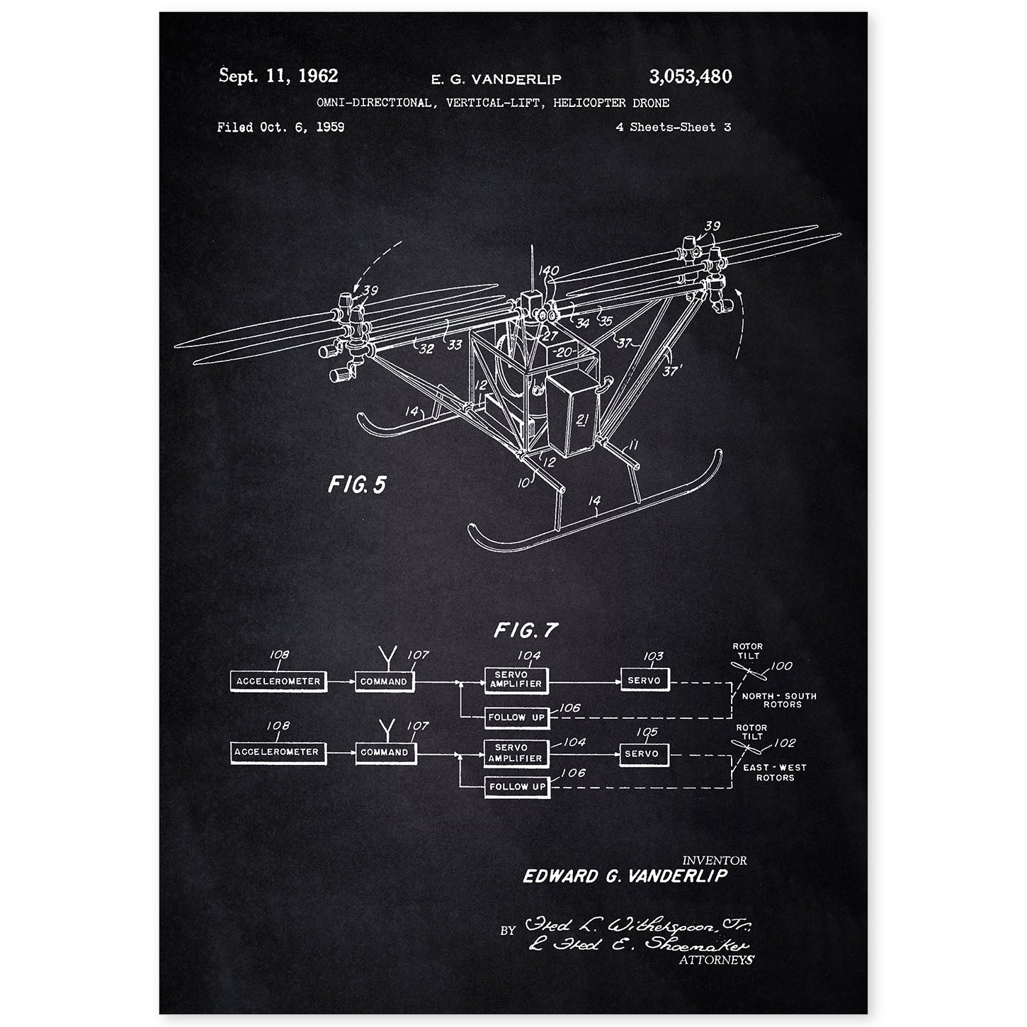 Poster con patente de Dron helicoptero 3. Lámina con diseño de patente antigua-Artwork-Nacnic-A4-Sin marco-Nacnic Estudio SL