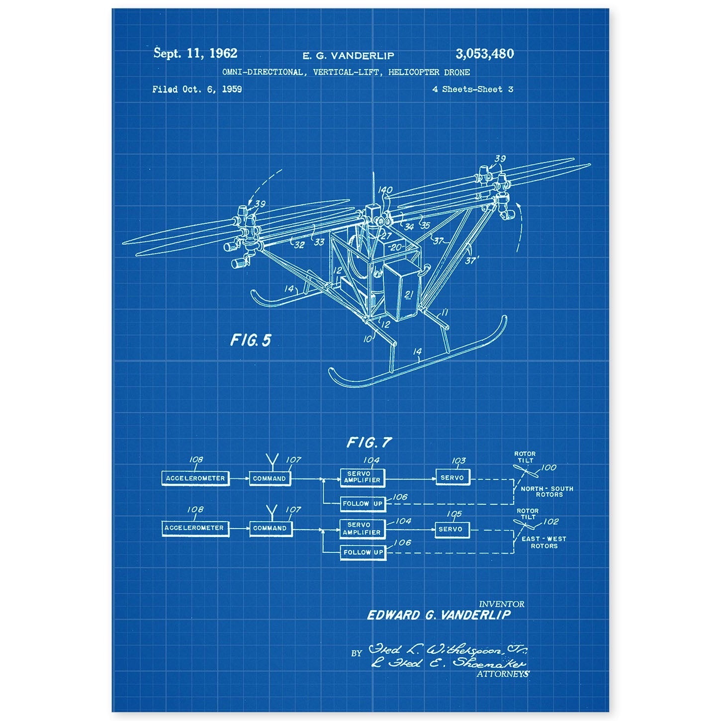 Poster con patente de Dron helicoptero 3. Lámina con diseño de patente antigua-Artwork-Nacnic-A4-Sin marco-Nacnic Estudio SL