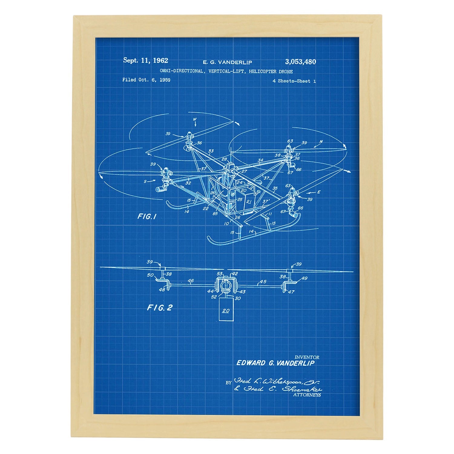 Poster con patente de Dron helicoptero. Lámina con diseño de patente antigua-Artwork-Nacnic-A4-Marco Madera clara-Nacnic Estudio SL