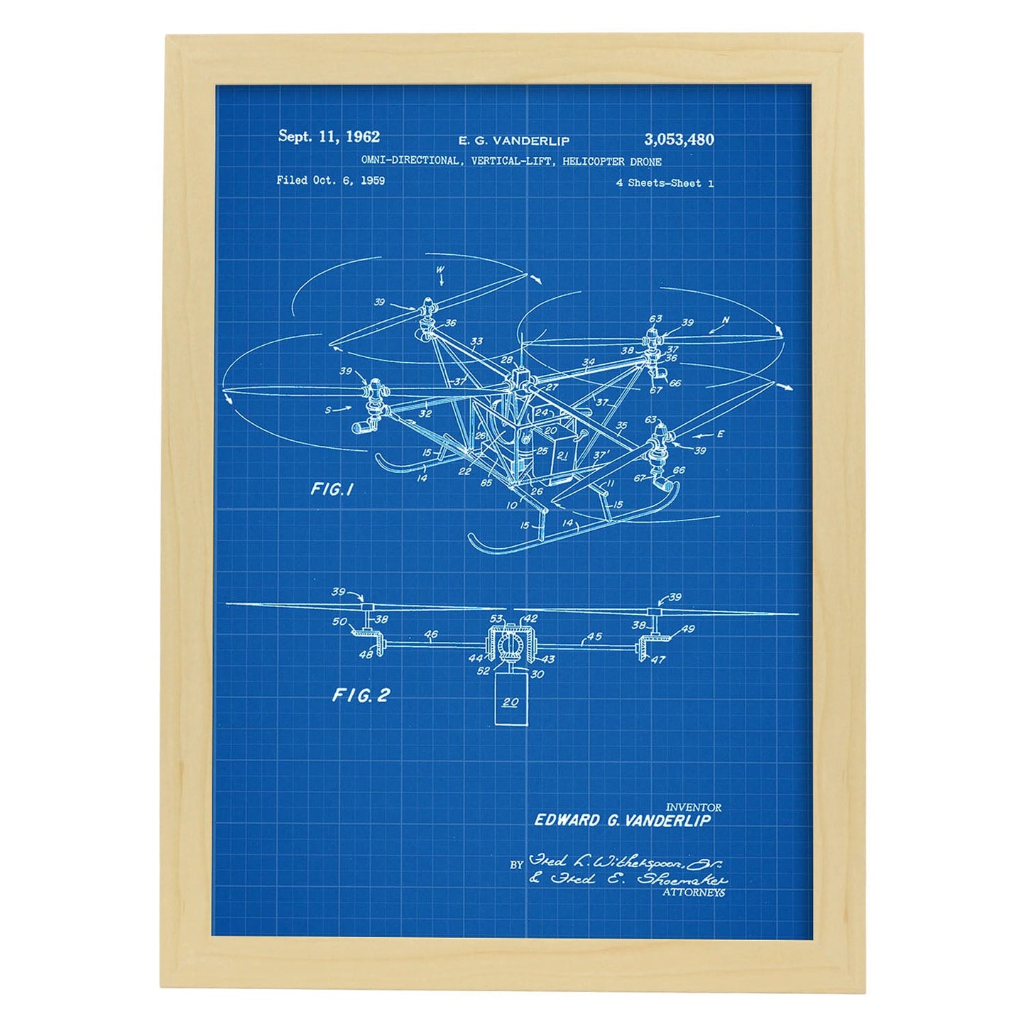 Poster con patente de Dron helicoptero. Lámina con diseño de patente antigua-Artwork-Nacnic-A3-Marco Madera clara-Nacnic Estudio SL