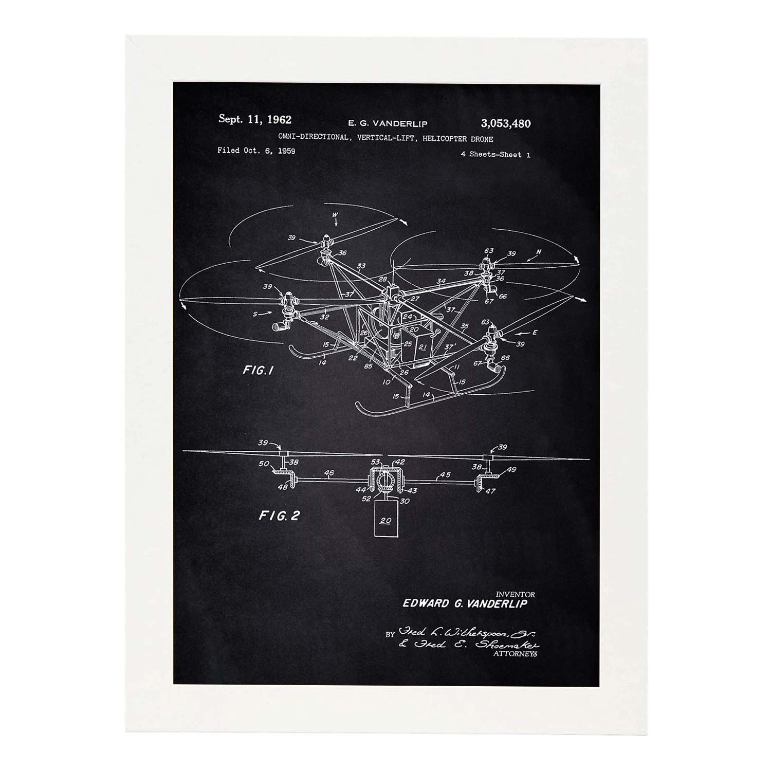 Poster con patente de Dron helicoptero. Lámina con diseño de patente antigua-Artwork-Nacnic-A3-Marco Blanco-Nacnic Estudio SL