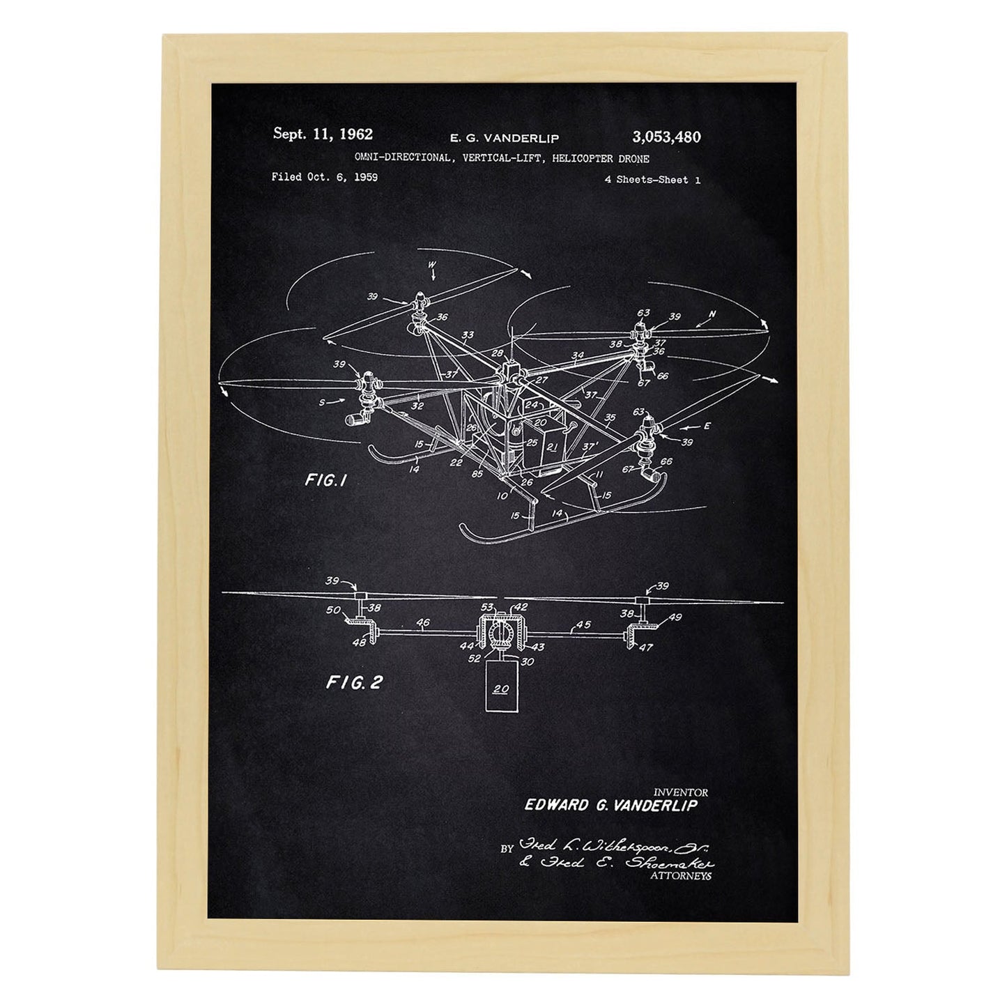Poster con patente de Dron helicoptero. Lámina con diseño de patente antigua-Artwork-Nacnic-A3-Marco Madera clara-Nacnic Estudio SL
