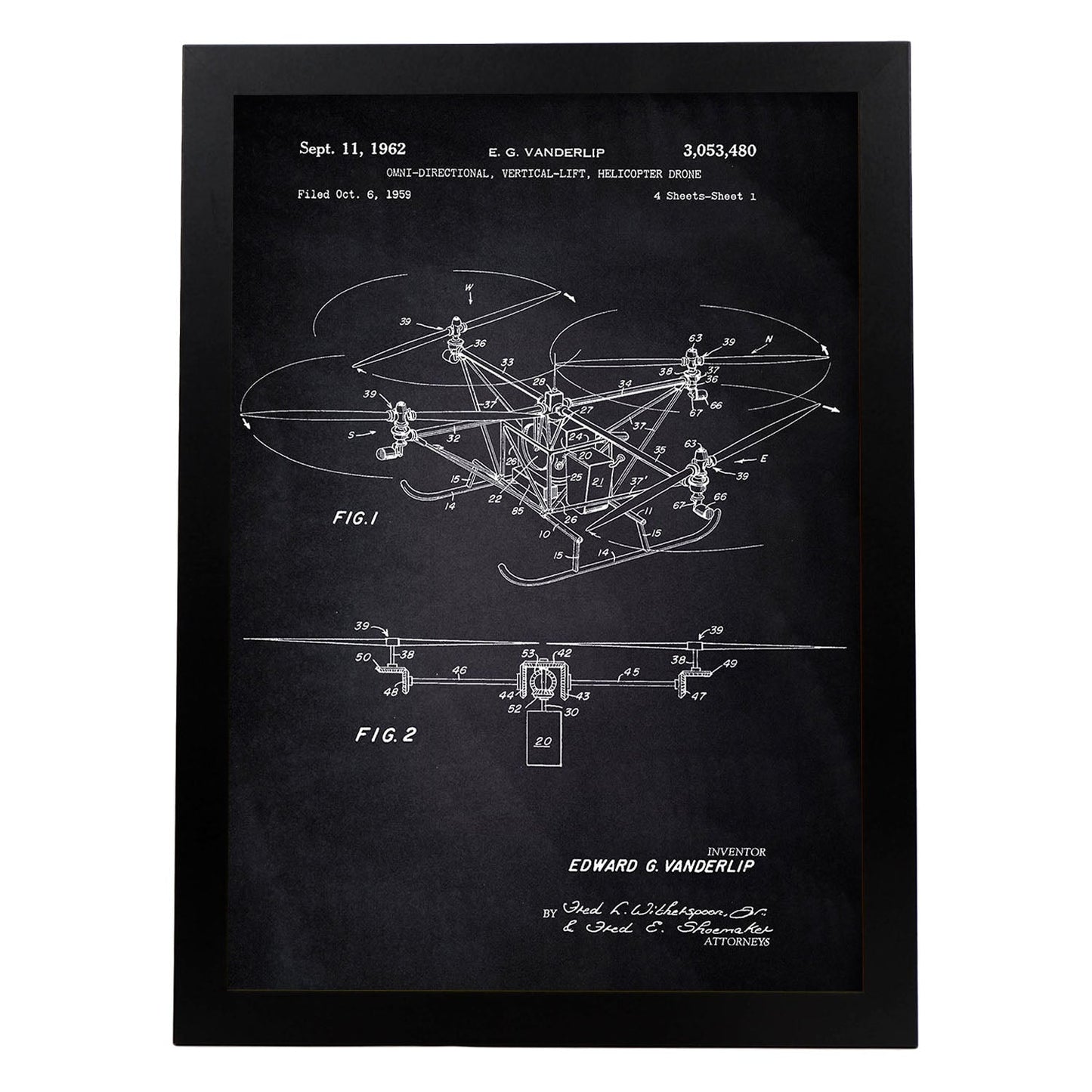 Poster con patente de Dron helicoptero. Lámina con diseño de patente antigua-Artwork-Nacnic-A3-Marco Negro-Nacnic Estudio SL