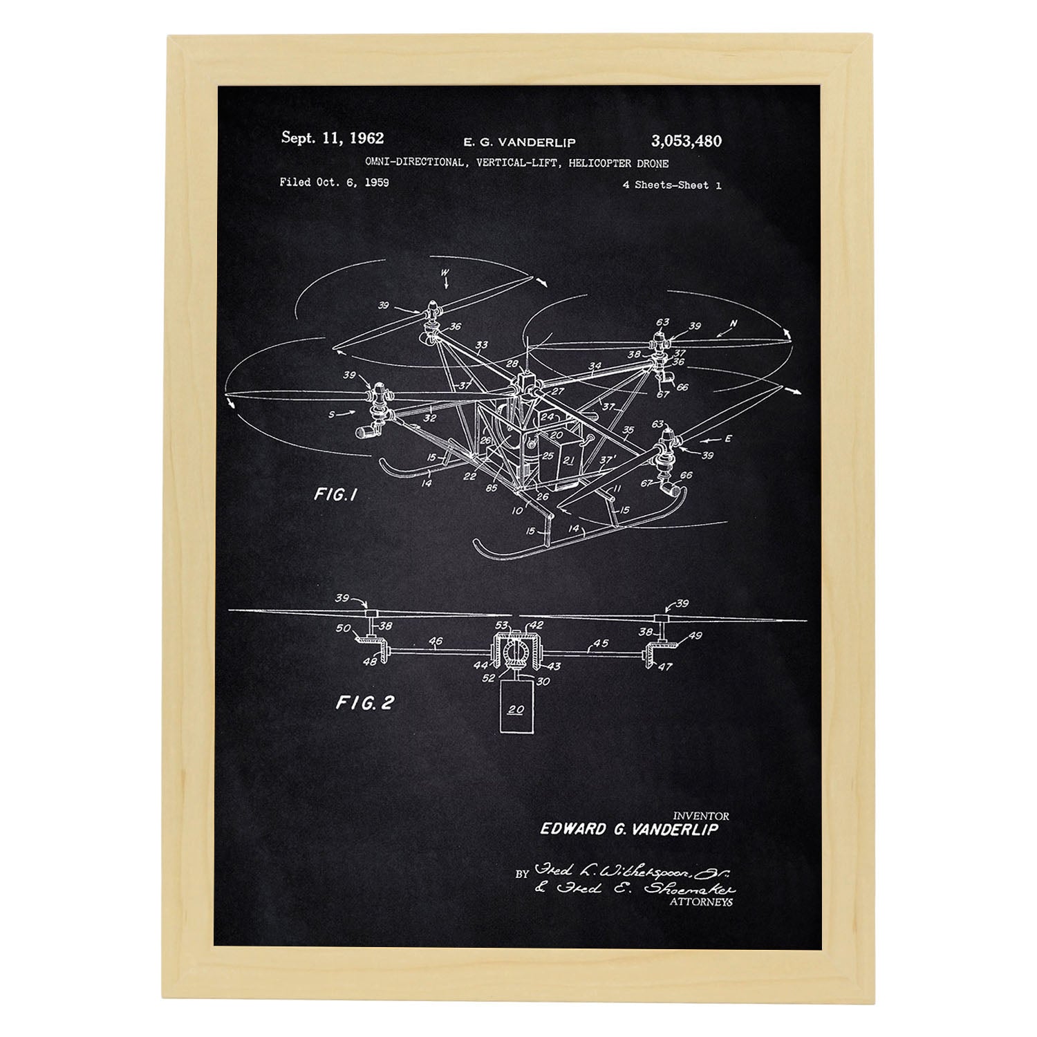 Poster con patente de Dron helicoptero. Lámina con diseño de patente antigua-Artwork-Nacnic-A4-Marco Madera clara-Nacnic Estudio SL