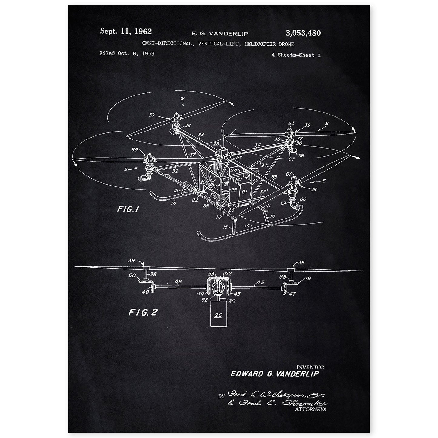 Poster con patente de Dron helicoptero. Lámina con diseño de patente antigua-Artwork-Nacnic-A4-Sin marco-Nacnic Estudio SL