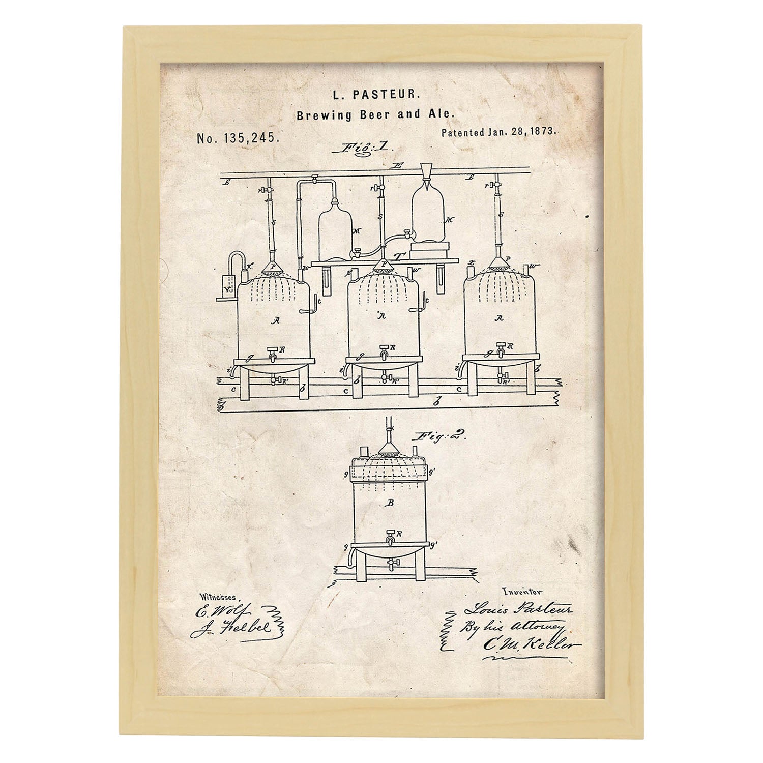 Poster con patente de Elaboración de cerveza. Lámina con diseño de patente antigua.-Artwork-Nacnic-A4-Marco Madera clara-Nacnic Estudio SL