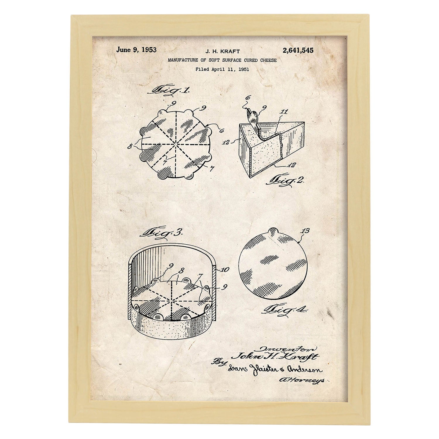 Poster con patente de Empaquetado de quesitos. Lámina con diseño de patente antigua.-Artwork-Nacnic-A4-Marco Madera clara-Nacnic Estudio SL