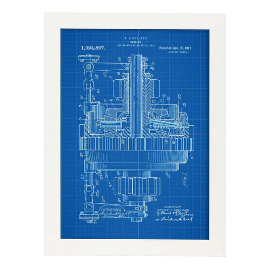 Poster con patente de Engranajes. Lámina con diseño de patente antigua-Artwork-Nacnic-A3-Marco Blanco-Nacnic Estudio SL