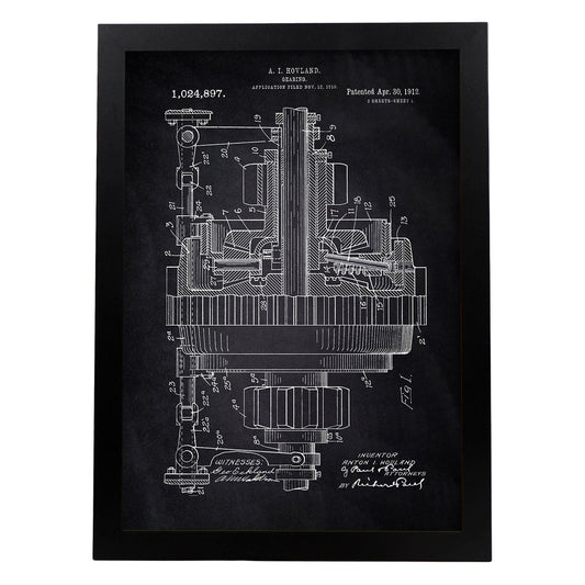 Poster con patente de Engranajes. Lámina con diseño de patente antigua-Artwork-Nacnic-A3-Marco Negro-Nacnic Estudio SL
