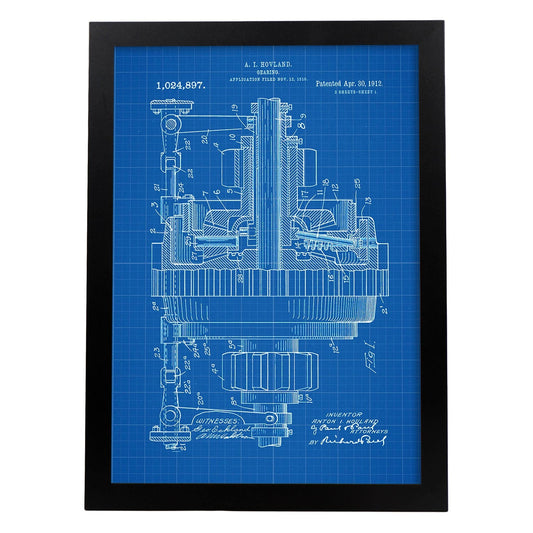 Poster con patente de Engranajes. Lámina con diseño de patente antigua-Artwork-Nacnic-A3-Marco Negro-Nacnic Estudio SL