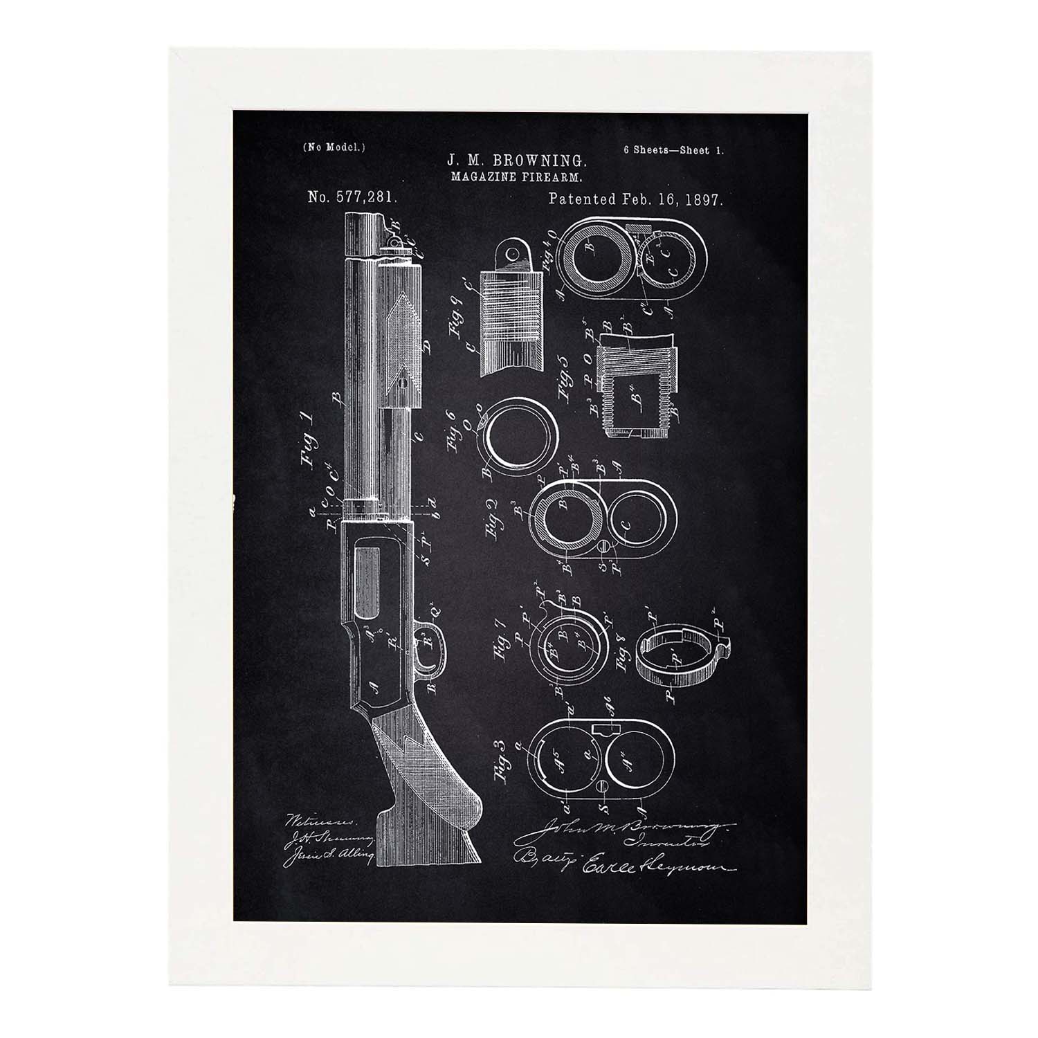 Poster con patente de Escopeta. Lámina con diseño de patente antigua-Artwork-Nacnic-A3-Marco Blanco-Nacnic Estudio SL
