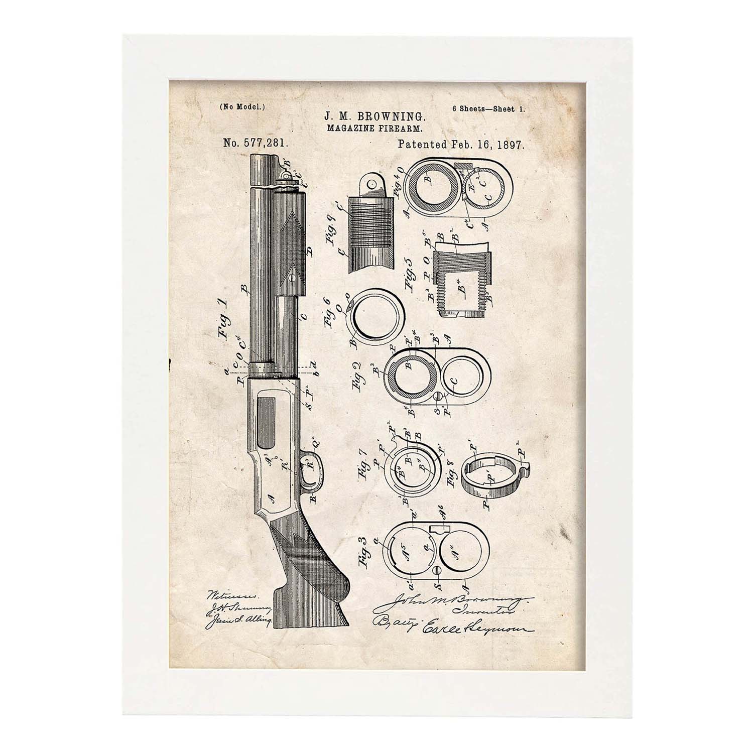 Poster con patente de Escopeta. Lámina con diseño de patente antigua.-Artwork-Nacnic-A3-Marco Blanco-Nacnic Estudio SL