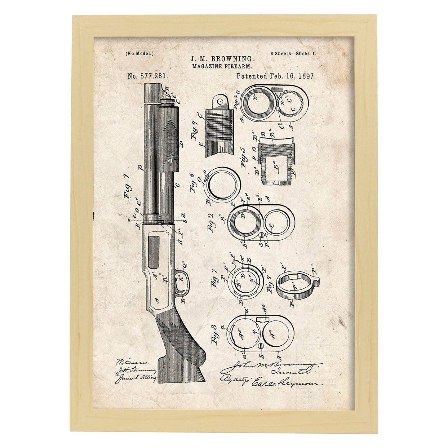 Poster con patente de Escopeta. Lámina con diseño de patente antigua.-Artwork-Nacnic-A4-Marco Madera clara-Nacnic Estudio SL