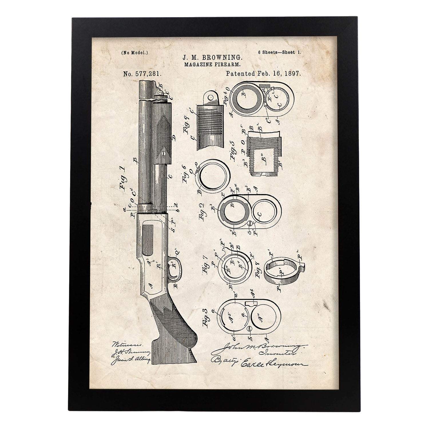 Poster con patente de Escopeta. Lámina con diseño de patente antigua.-Artwork-Nacnic-A4-Marco Negro-Nacnic Estudio SL
