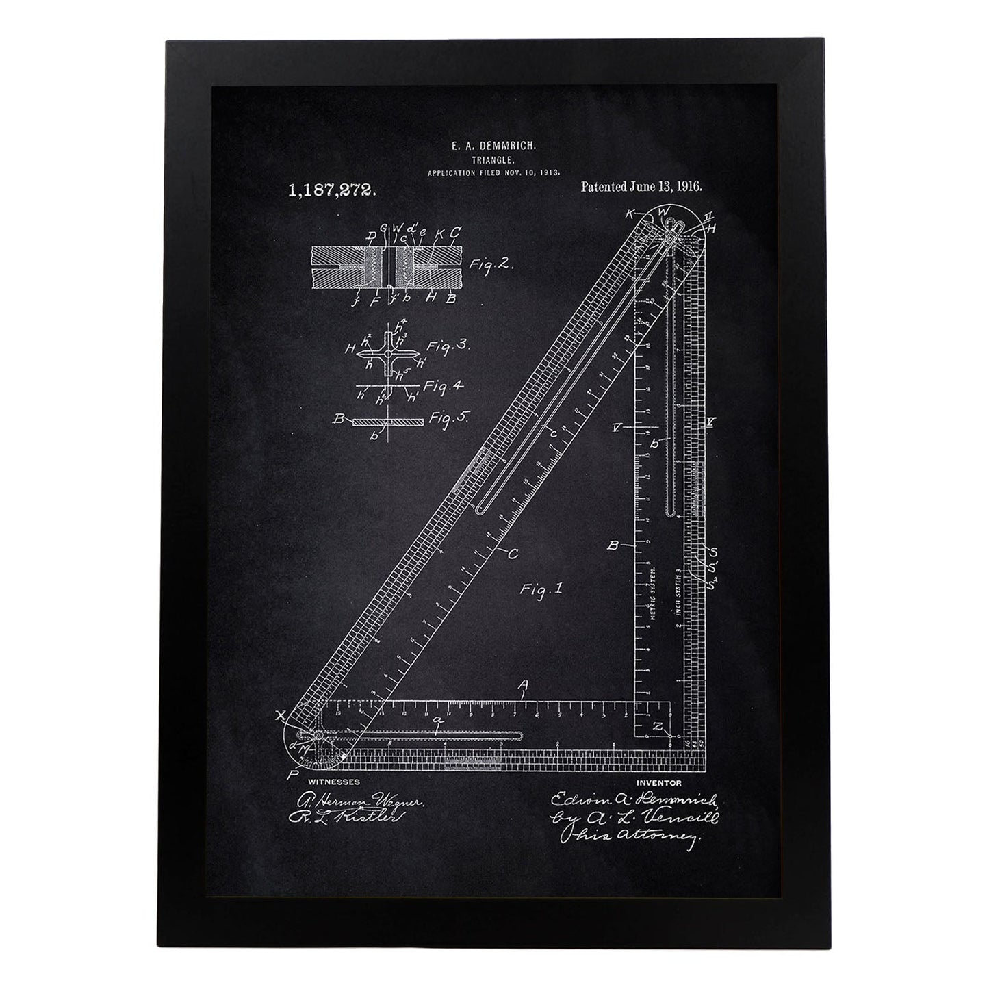 Poster con patente de Escuadra. Lámina con diseño de patente antigua-Artwork-Nacnic-A3-Marco Negro-Nacnic Estudio SL