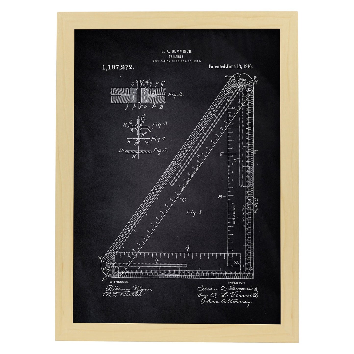 Poster con patente de Escuadra. Lámina con diseño de patente antigua-Artwork-Nacnic-A4-Marco Madera clara-Nacnic Estudio SL