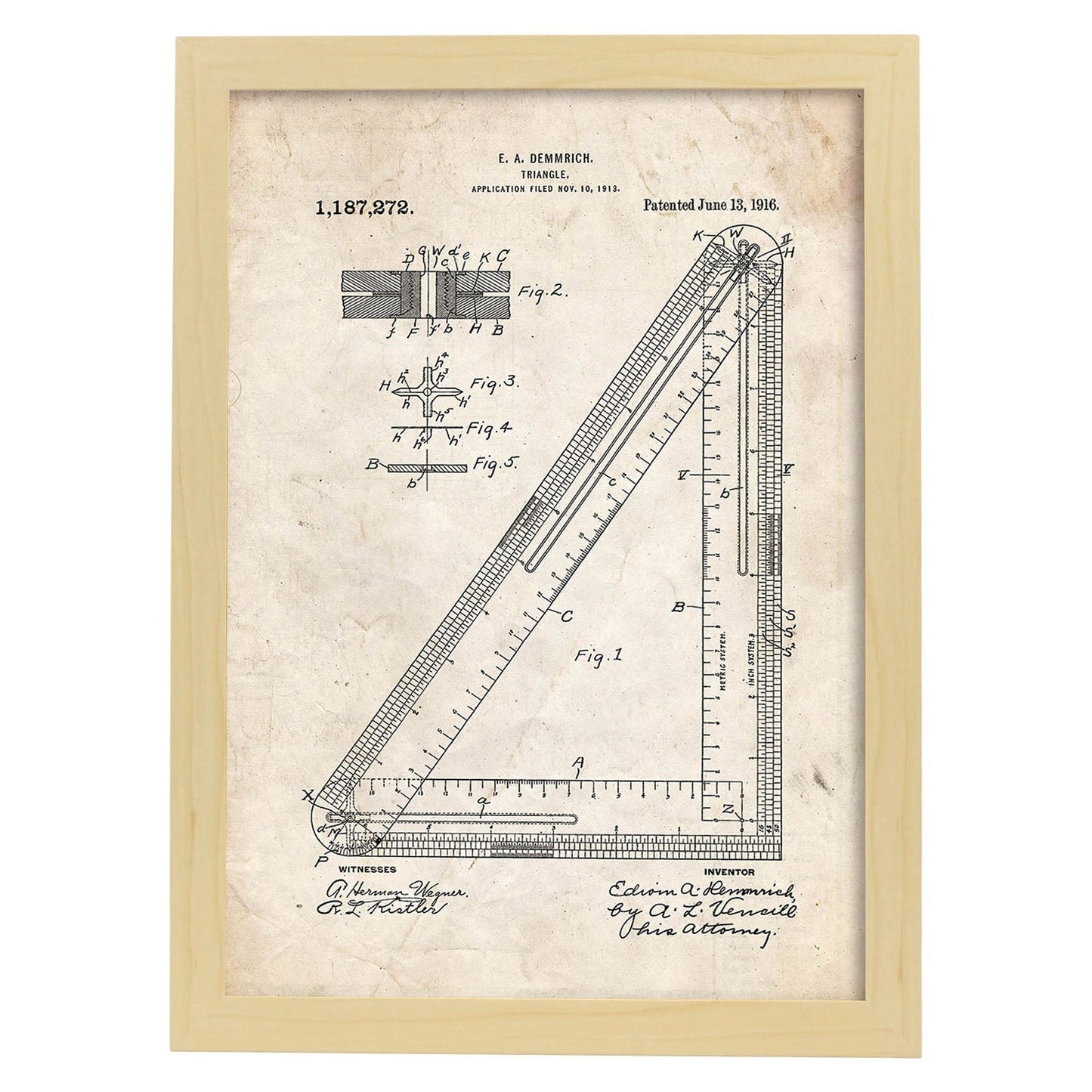 Poster con patente de Escuadra. Lámina con diseño de patente antigua.-Artwork-Nacnic-A3-Marco Madera clara-Nacnic Estudio SL
