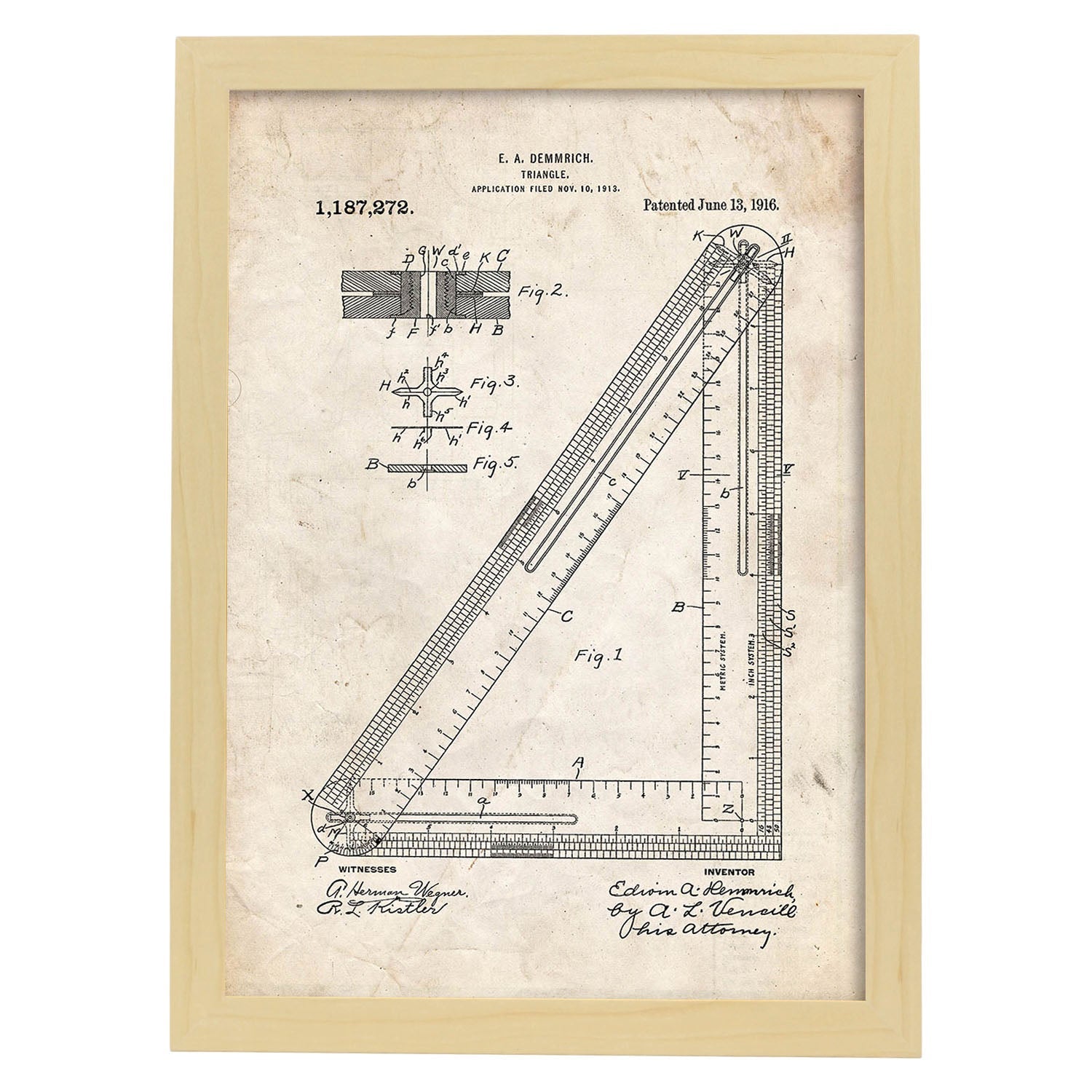 Poster con patente de Escuadra. Lámina con diseño de patente antigua.-Artwork-Nacnic-A3-Marco Madera clara-Nacnic Estudio SL