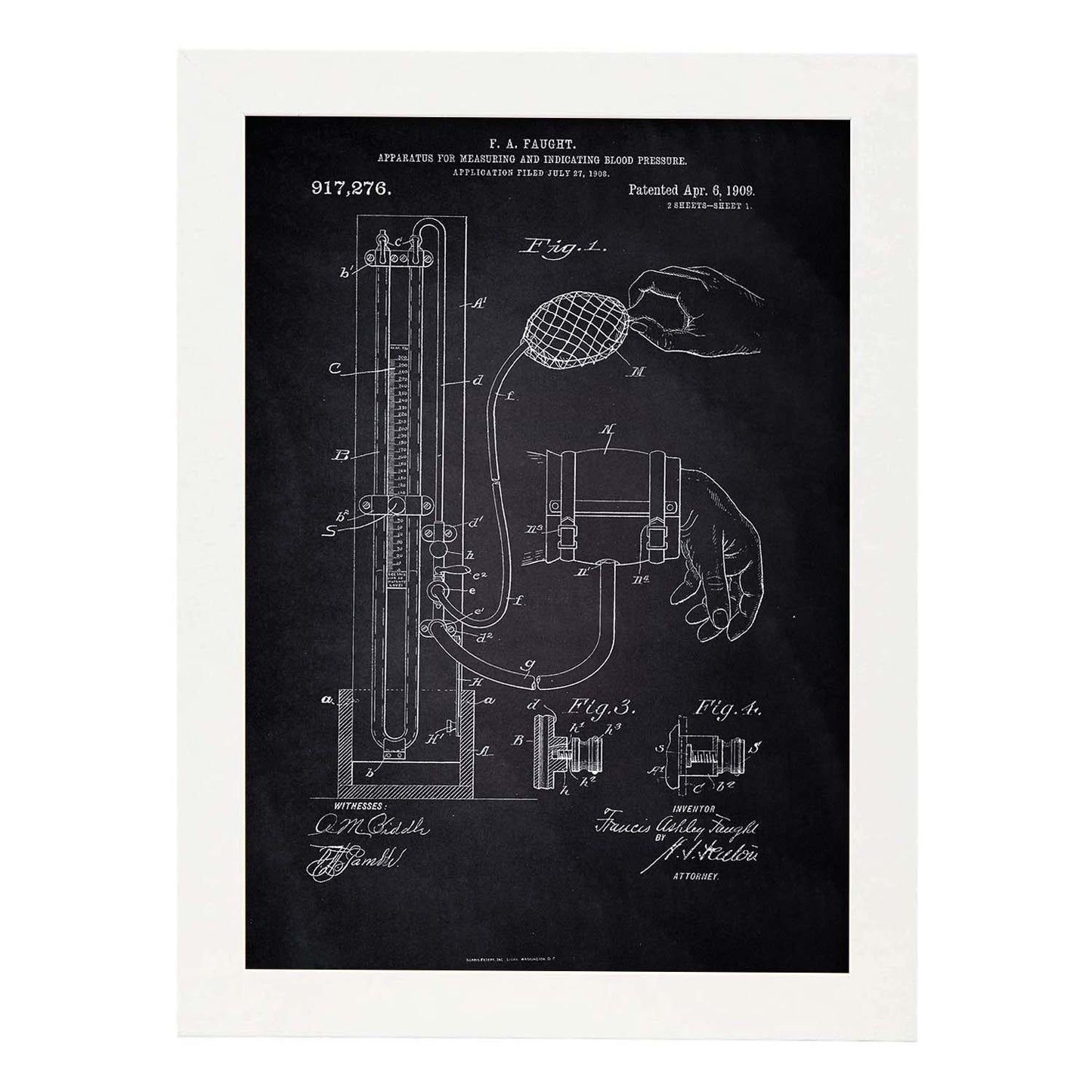 Poster con patente de Esfigmomanómetro. Lámina con diseño de patente antigua-Artwork-Nacnic-A3-Marco Blanco-Nacnic Estudio SL