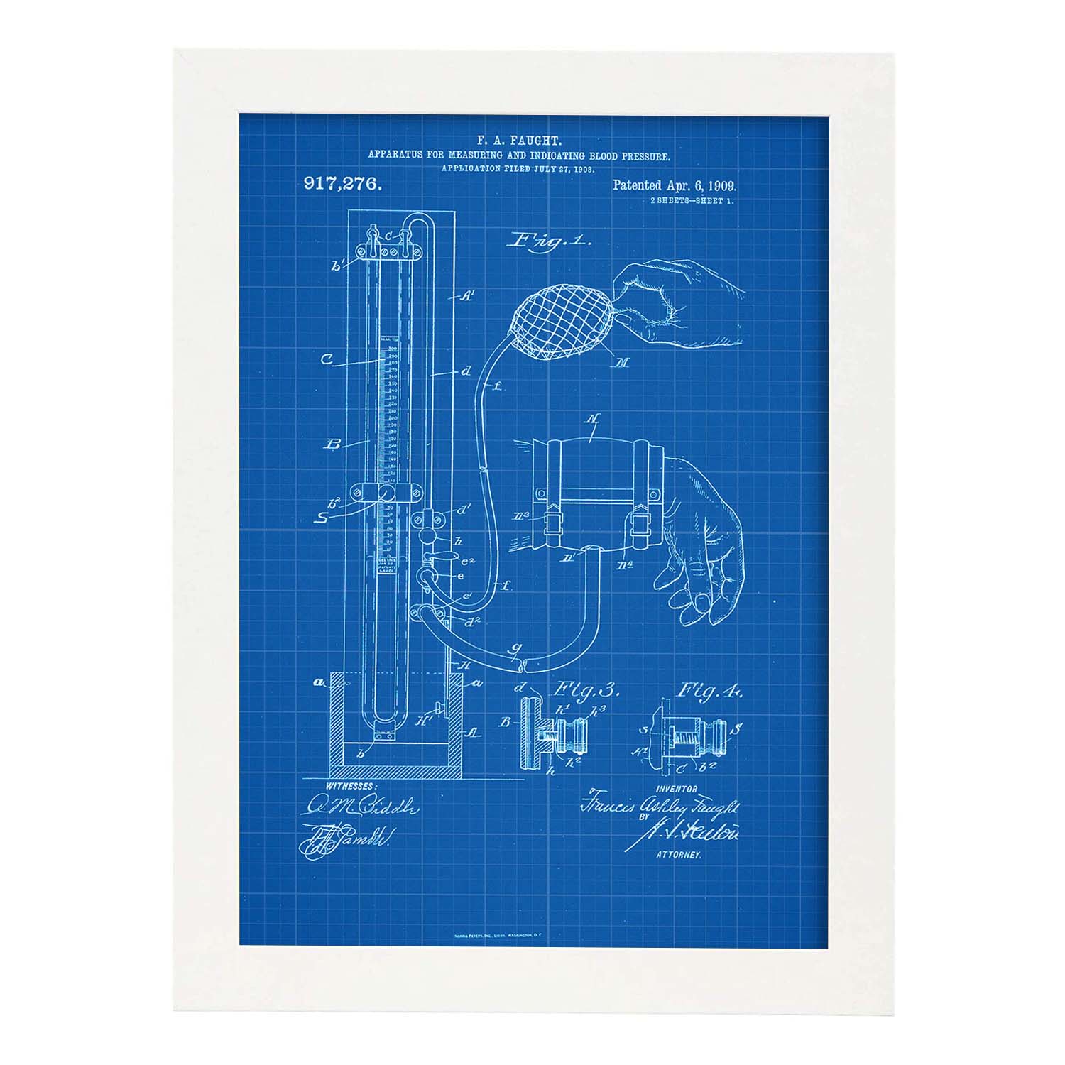 Poster con patente de Esfigmomanómetro. Lámina con diseño de patente antigua-Artwork-Nacnic-A3-Marco Blanco-Nacnic Estudio SL
