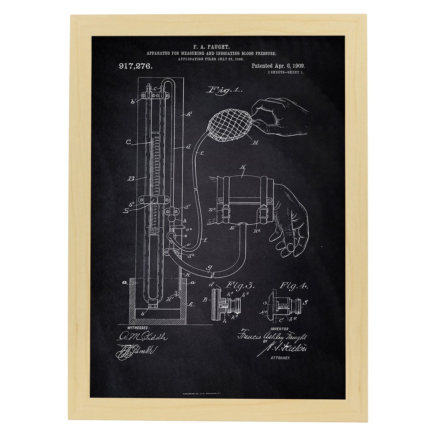 Poster con patente de Esfigmomanómetro. Lámina con diseño de patente antigua-Artwork-Nacnic-A4-Marco Madera clara-Nacnic Estudio SL