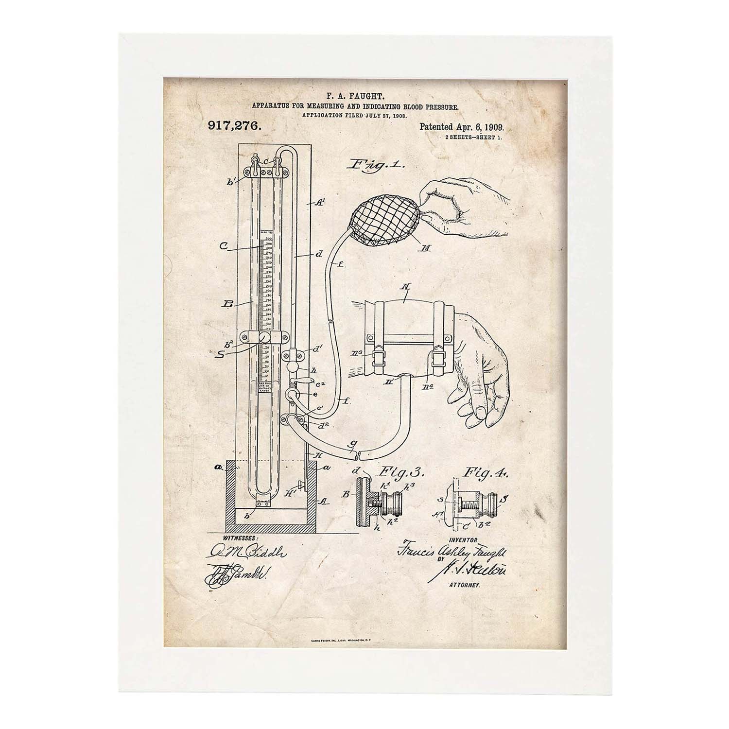 Poster con patente de Esfigmomanómetro. Lámina con diseño de patente antigua.-Artwork-Nacnic-A3-Marco Blanco-Nacnic Estudio SL