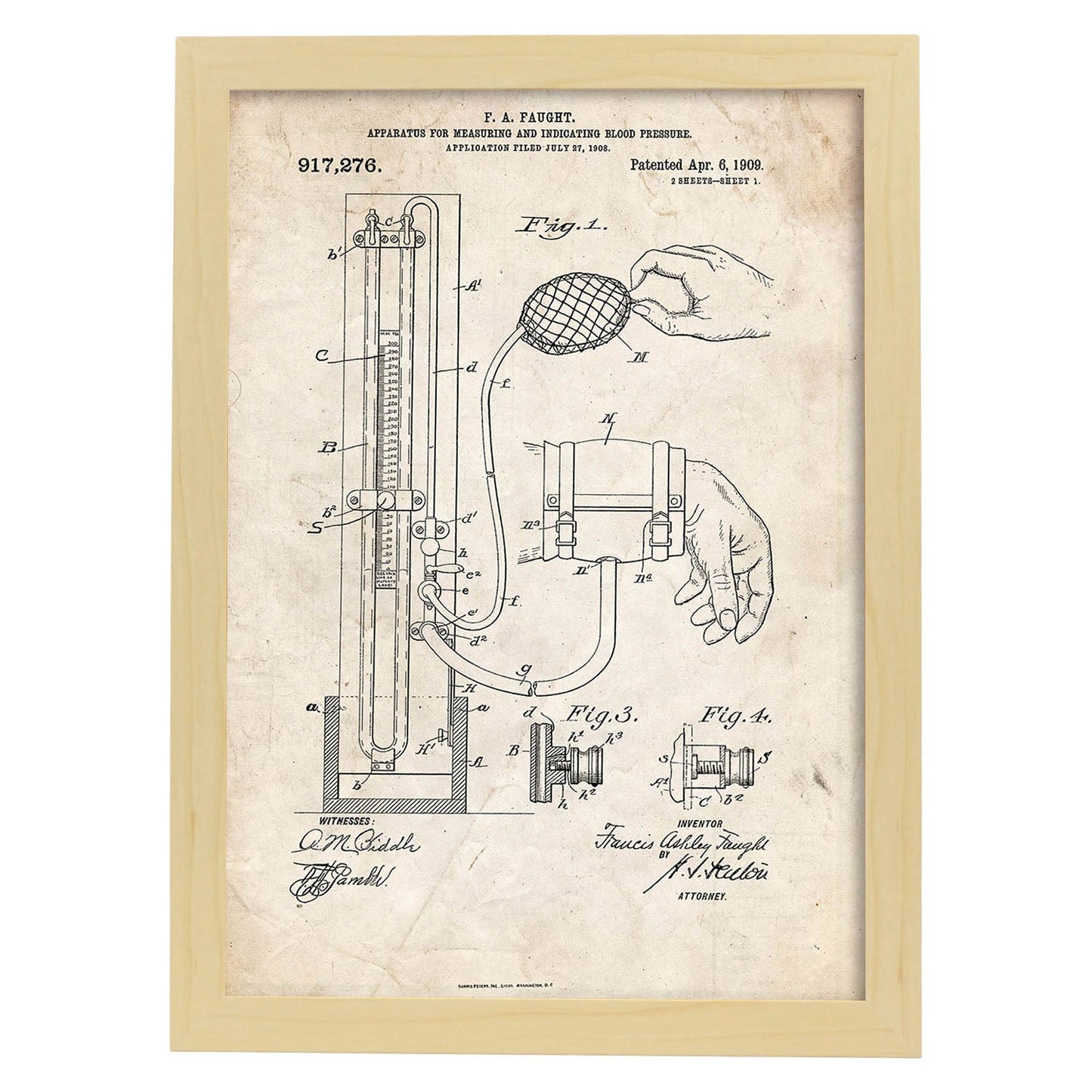 Poster con patente de Esfigmomanómetro. Lámina con diseño de patente antigua.-Artwork-Nacnic-A3-Marco Madera clara-Nacnic Estudio SL