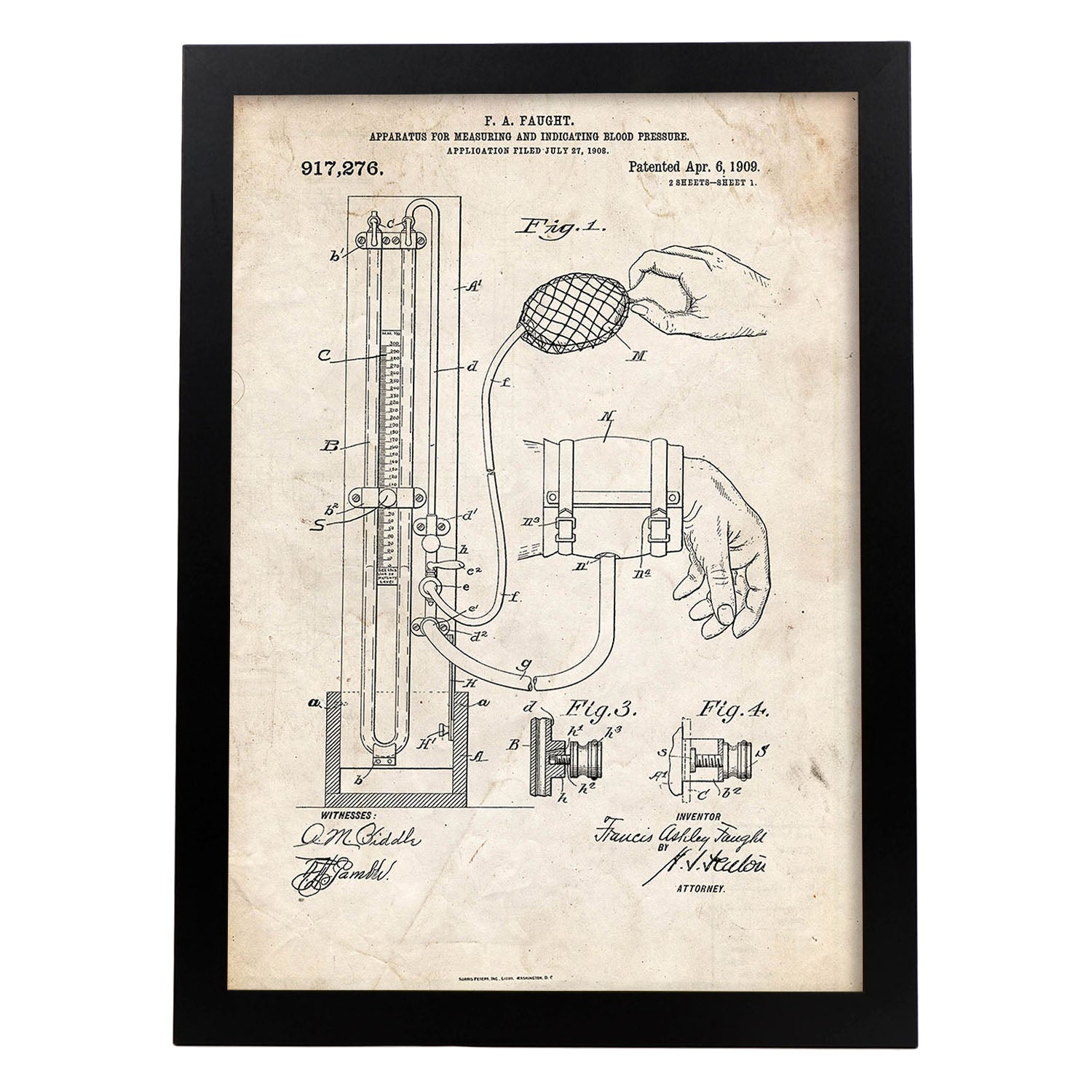 Poster con patente de Esfigmomanómetro. Lámina con diseño de patente antigua.-Artwork-Nacnic-A3-Marco Negro-Nacnic Estudio SL