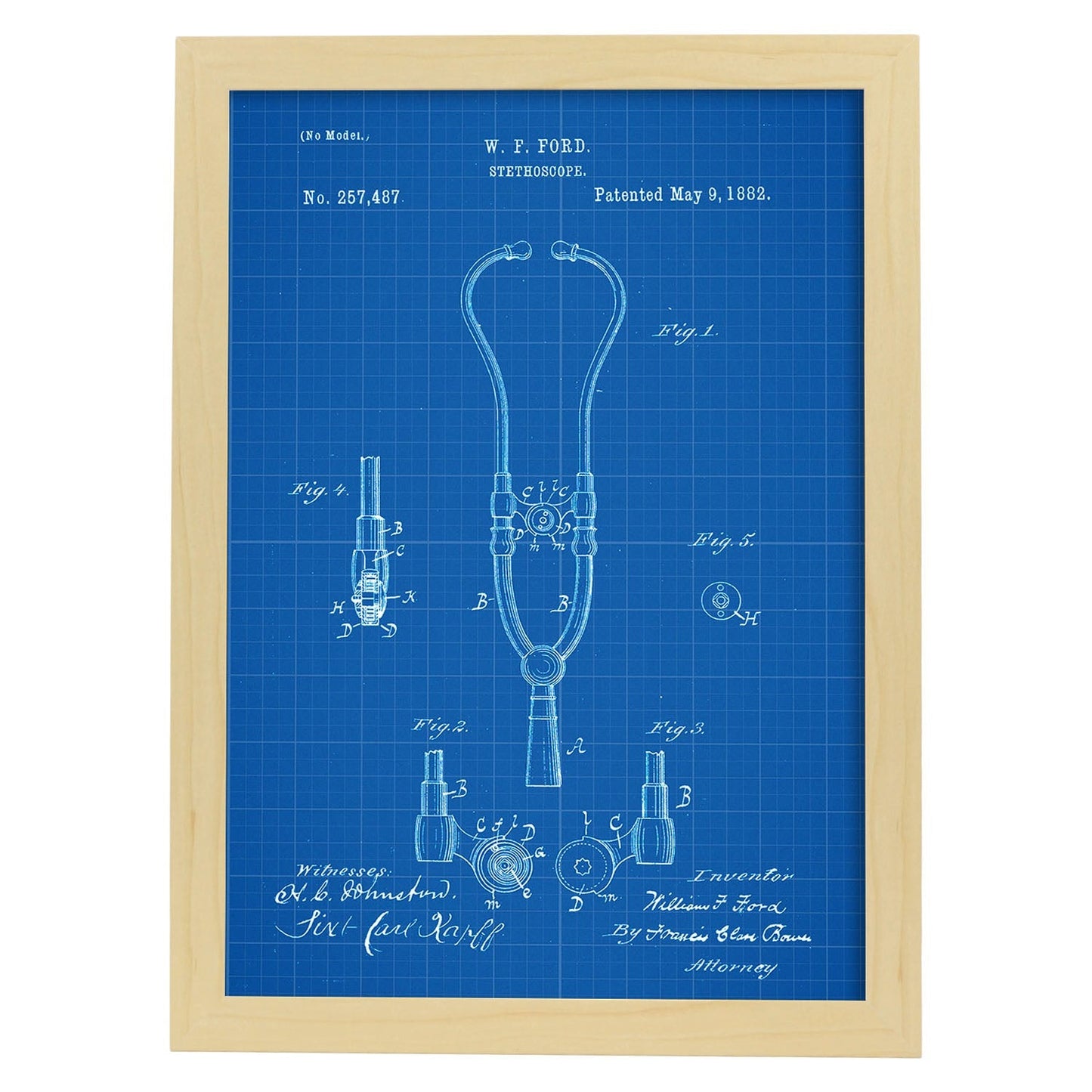 Poster con patente de Estetoscopio 2. Lámina con diseño de patente antigua-Artwork-Nacnic-A3-Marco Madera clara-Nacnic Estudio SL