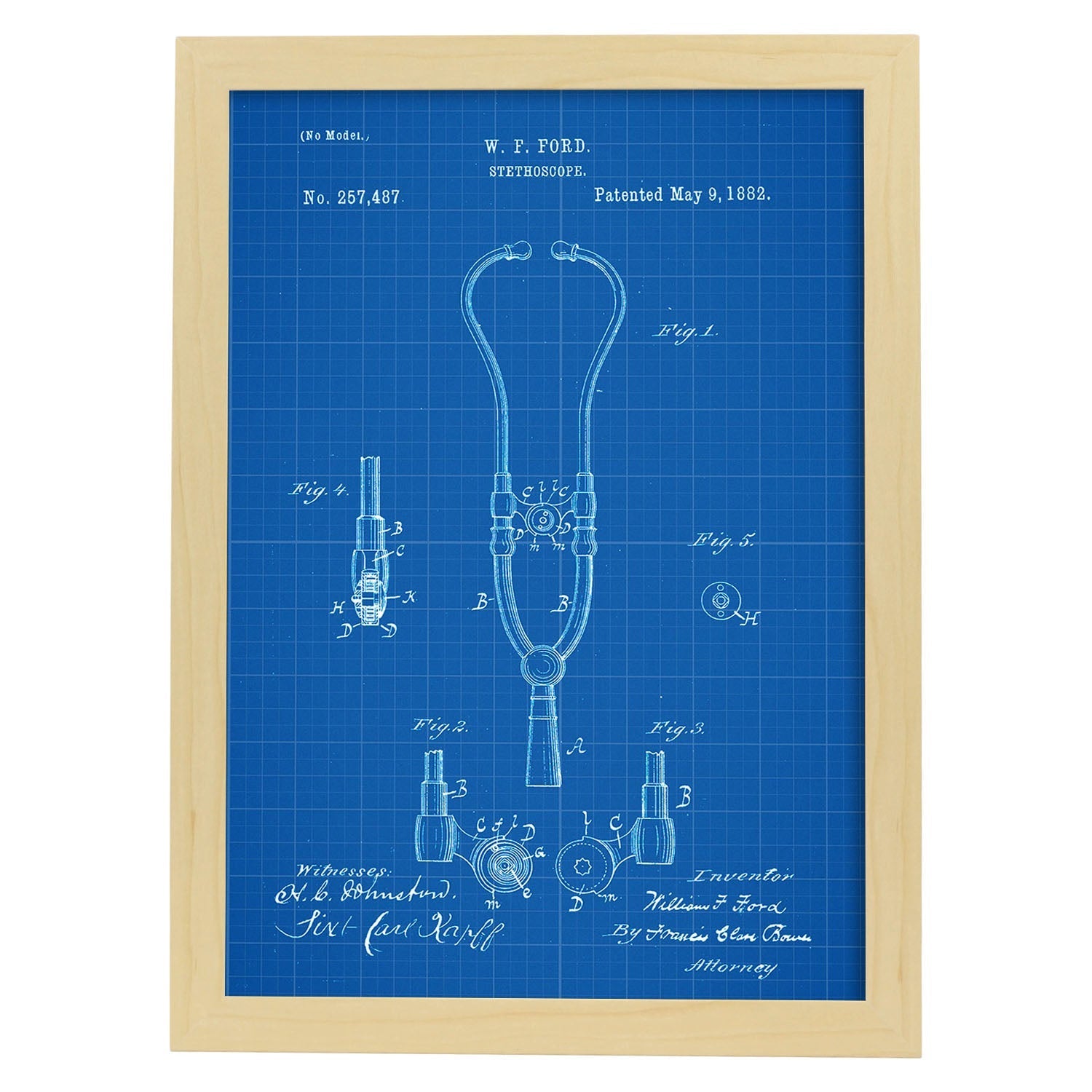 Poster con patente de Estetoscopio 2. Lámina con diseño de patente antigua-Artwork-Nacnic-A4-Marco Madera clara-Nacnic Estudio SL