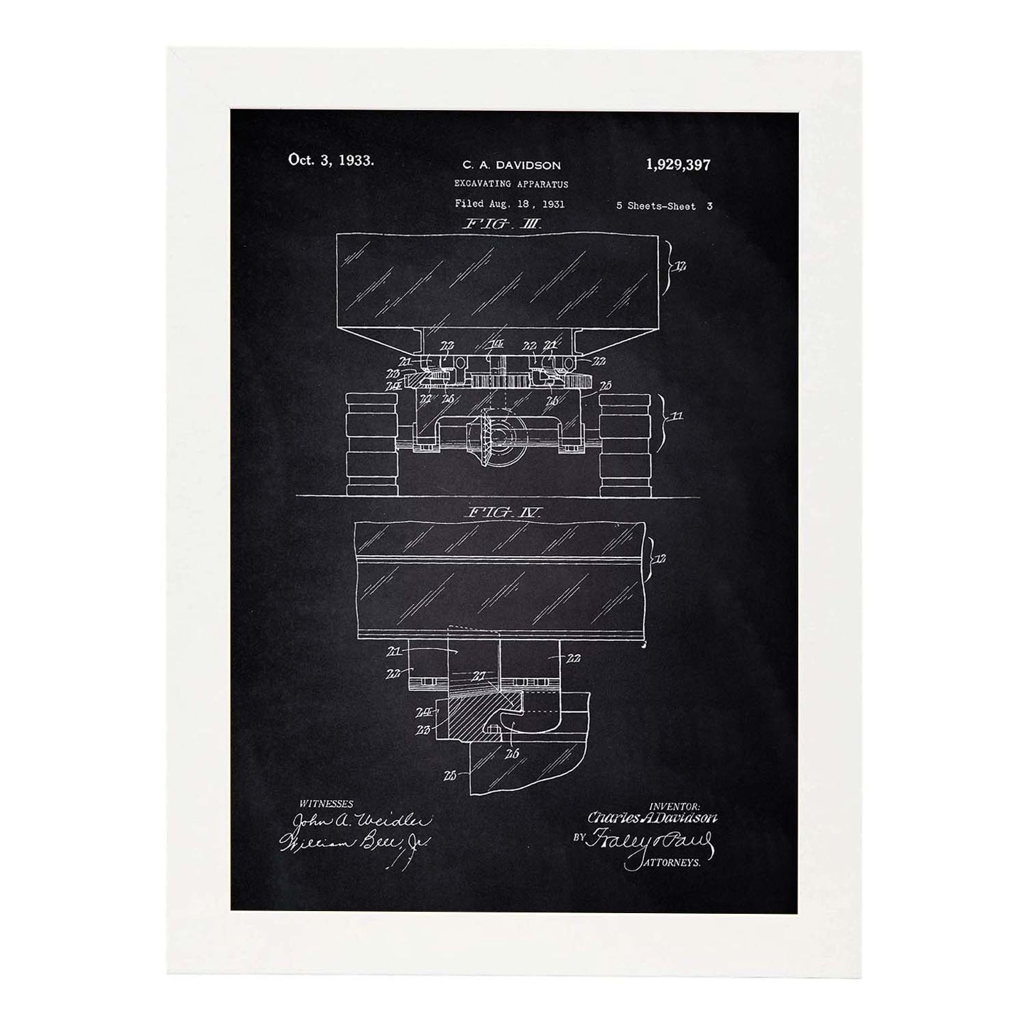 Poster con patente de Excavadora. Lámina con diseño de patente antigua-Artwork-Nacnic-A3-Marco Blanco-Nacnic Estudio SL