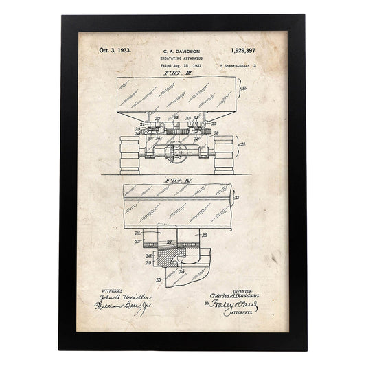 Poster con patente de Excavadora. Lámina con diseño de patente antigua.-Artwork-Nacnic-A3-Marco Negro-Nacnic Estudio SL