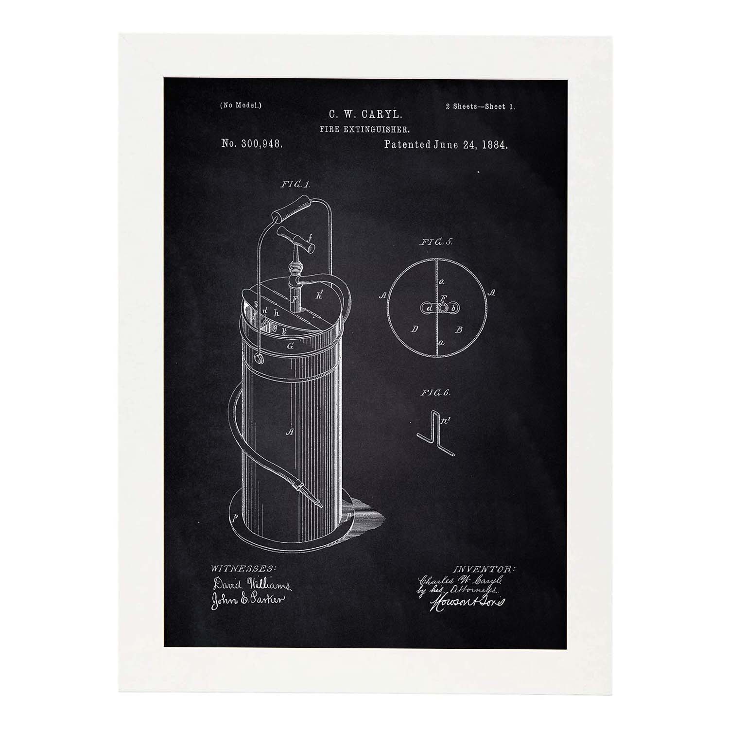 Poster con patente de Extintor 2. Lámina con diseño de patente antigua-Artwork-Nacnic-A4-Marco Blanco-Nacnic Estudio SL