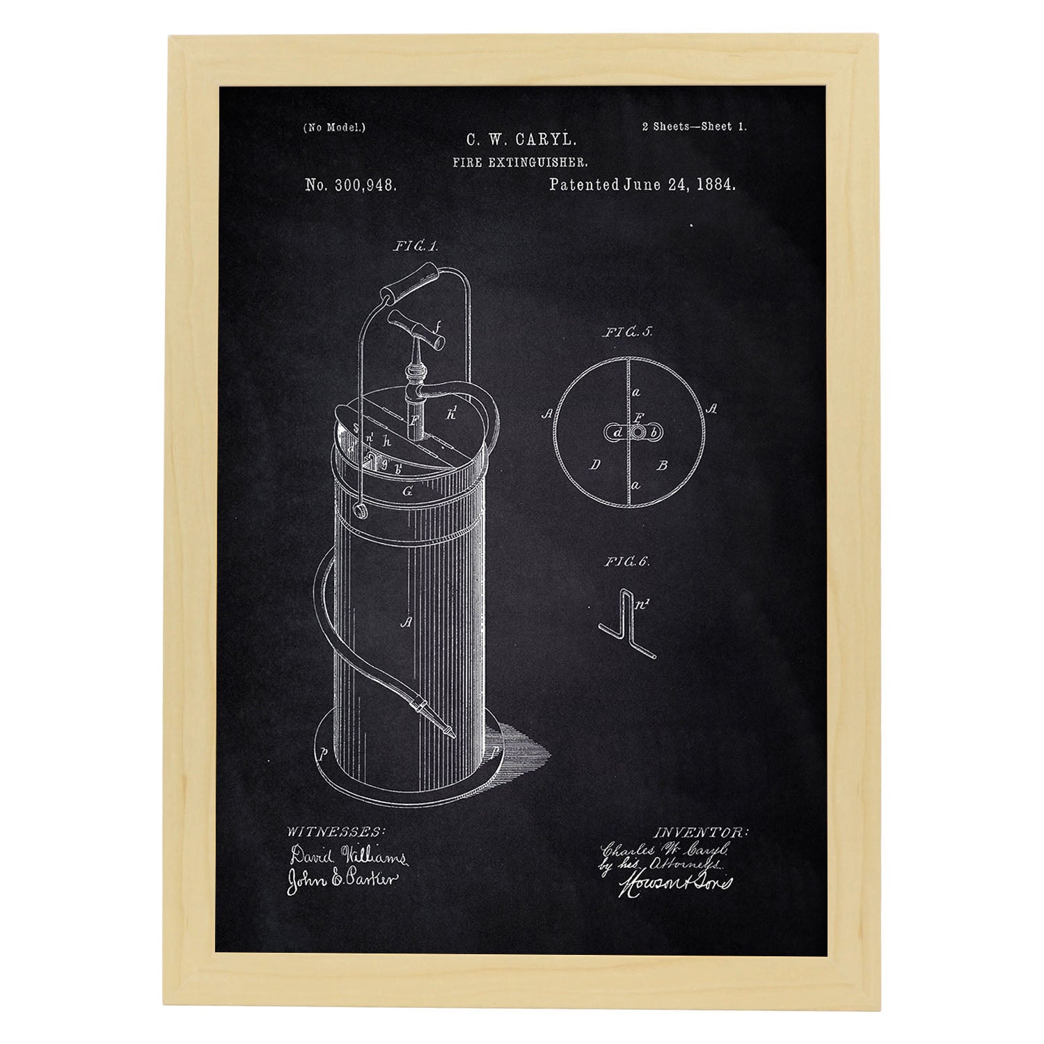 Poster con patente de Extintor 2. Lámina con diseño de patente antigua-Artwork-Nacnic-A4-Marco Madera clara-Nacnic Estudio SL