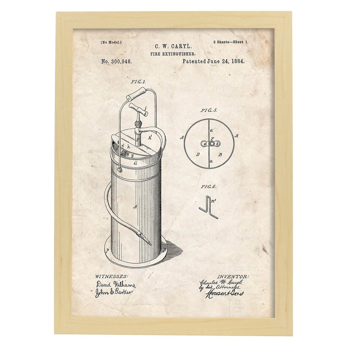 Poster con patente de Extintor 2. Lámina con diseño de patente antigua.-Artwork-Nacnic-A3-Marco Madera clara-Nacnic Estudio SL