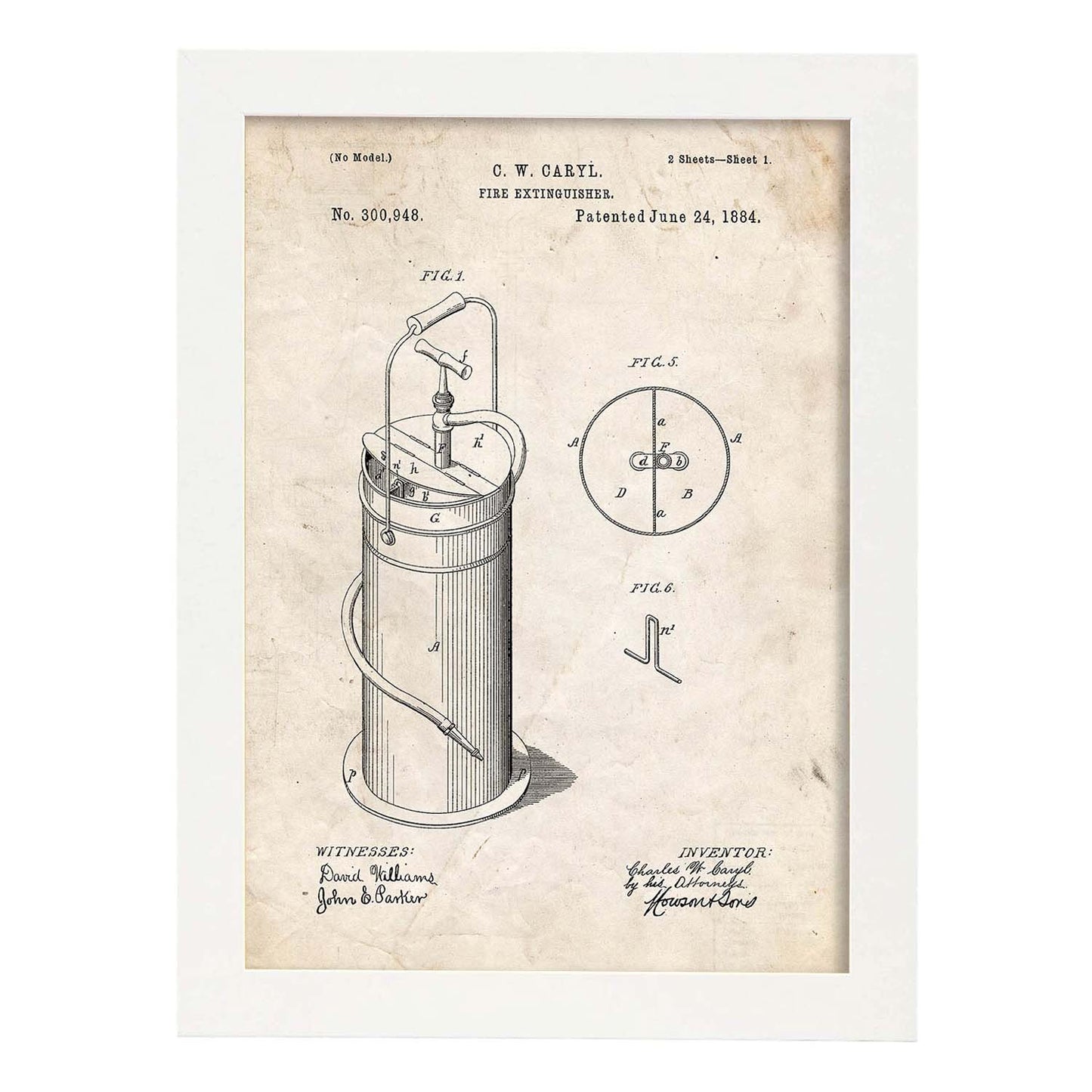 Poster con patente de Extintor 2. Lámina con diseño de patente antigua.-Artwork-Nacnic-A4-Marco Blanco-Nacnic Estudio SL