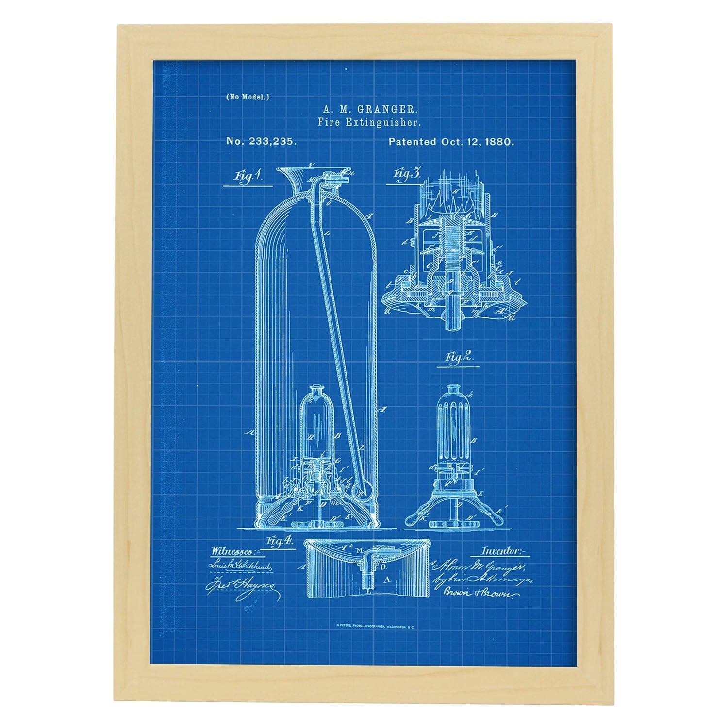 Poster con patente de Extintor. Lámina con diseño de patente antigua-Artwork-Nacnic-A3-Marco Madera clara-Nacnic Estudio SL