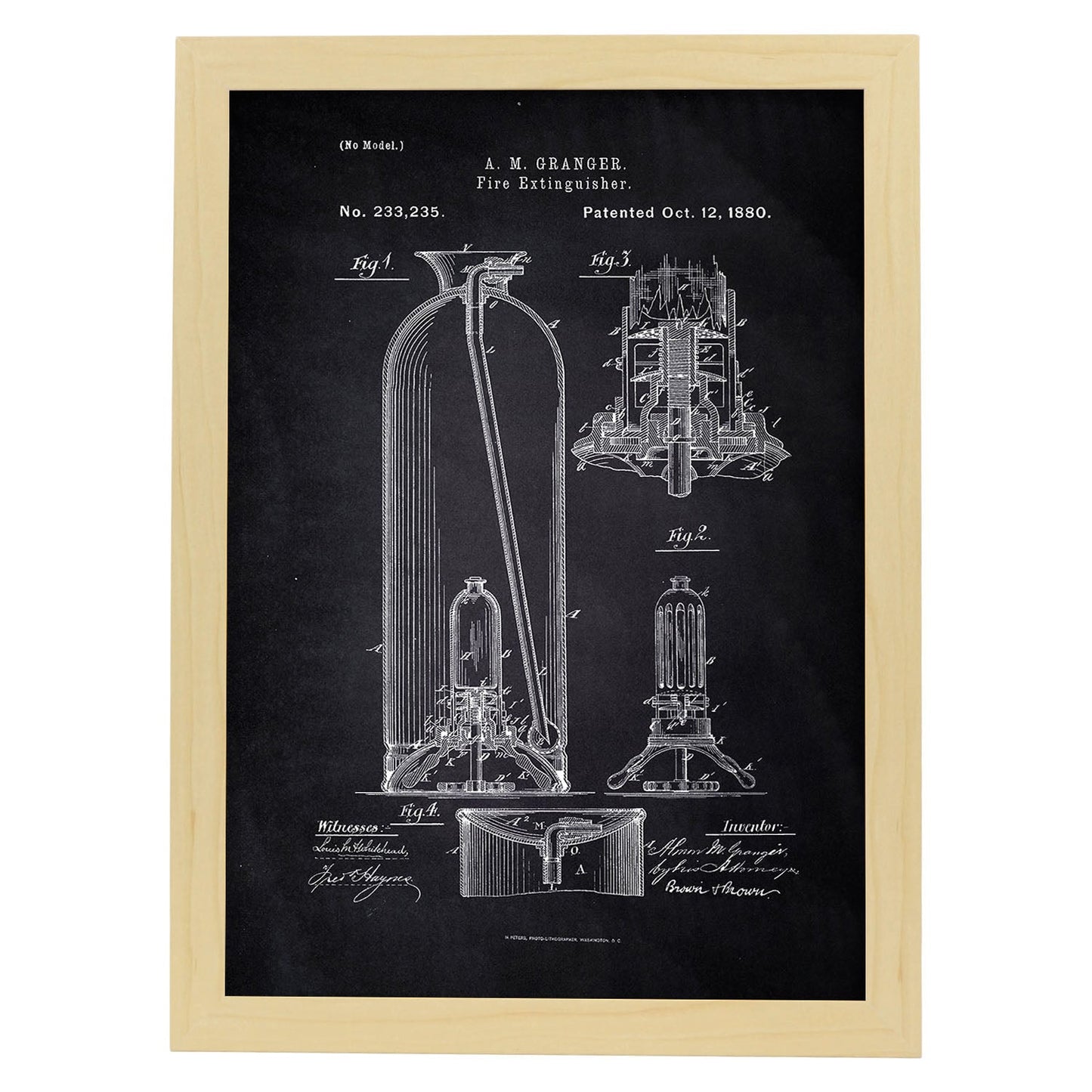 Poster con patente de Extintor. Lámina con diseño de patente antigua-Artwork-Nacnic-A4-Marco Madera clara-Nacnic Estudio SL